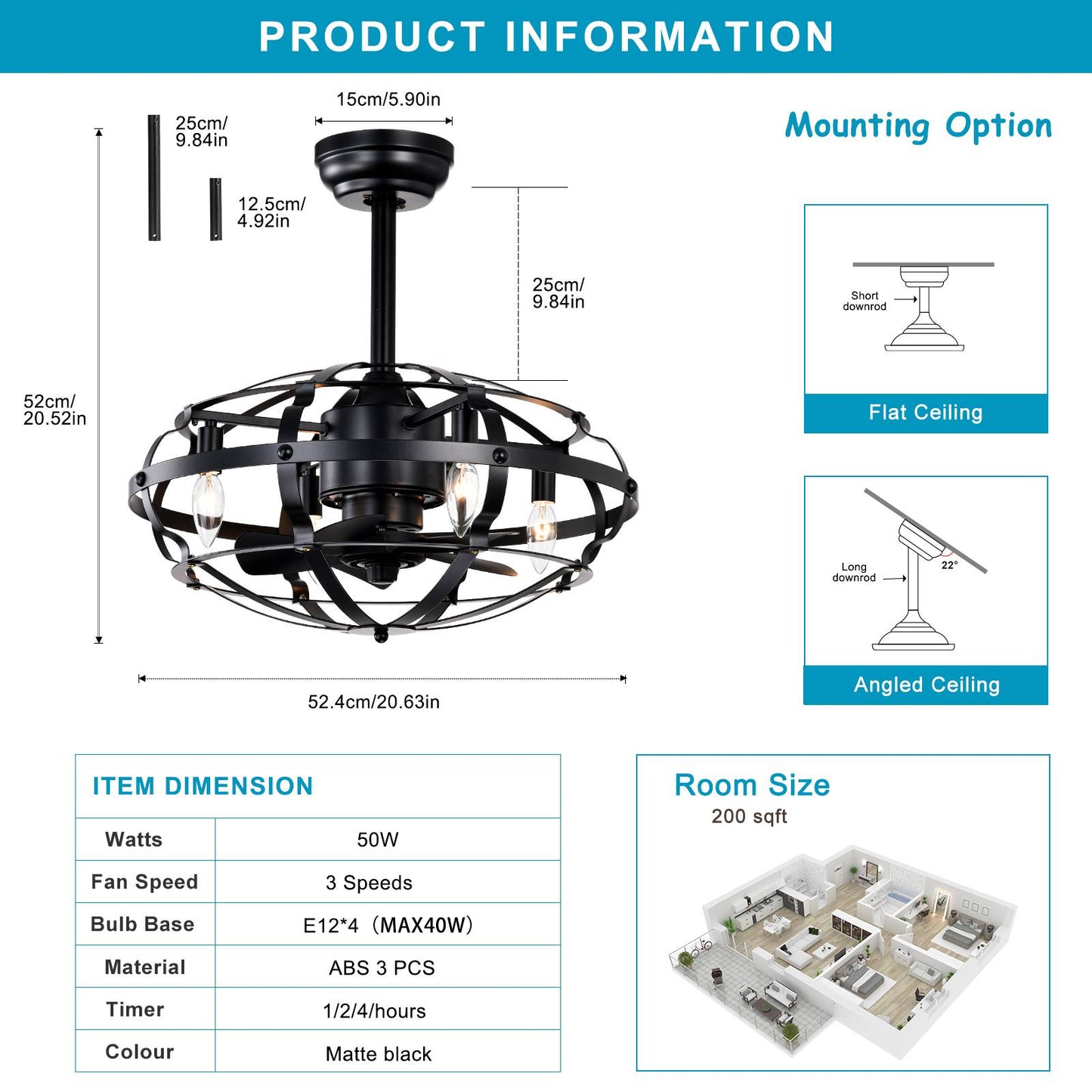 Melysen Hot Sell Industrial Ceiling Fan Light Kit for Living Room Bedroom Kitchen and Bladeless Caged Ceiling Fan with Lights