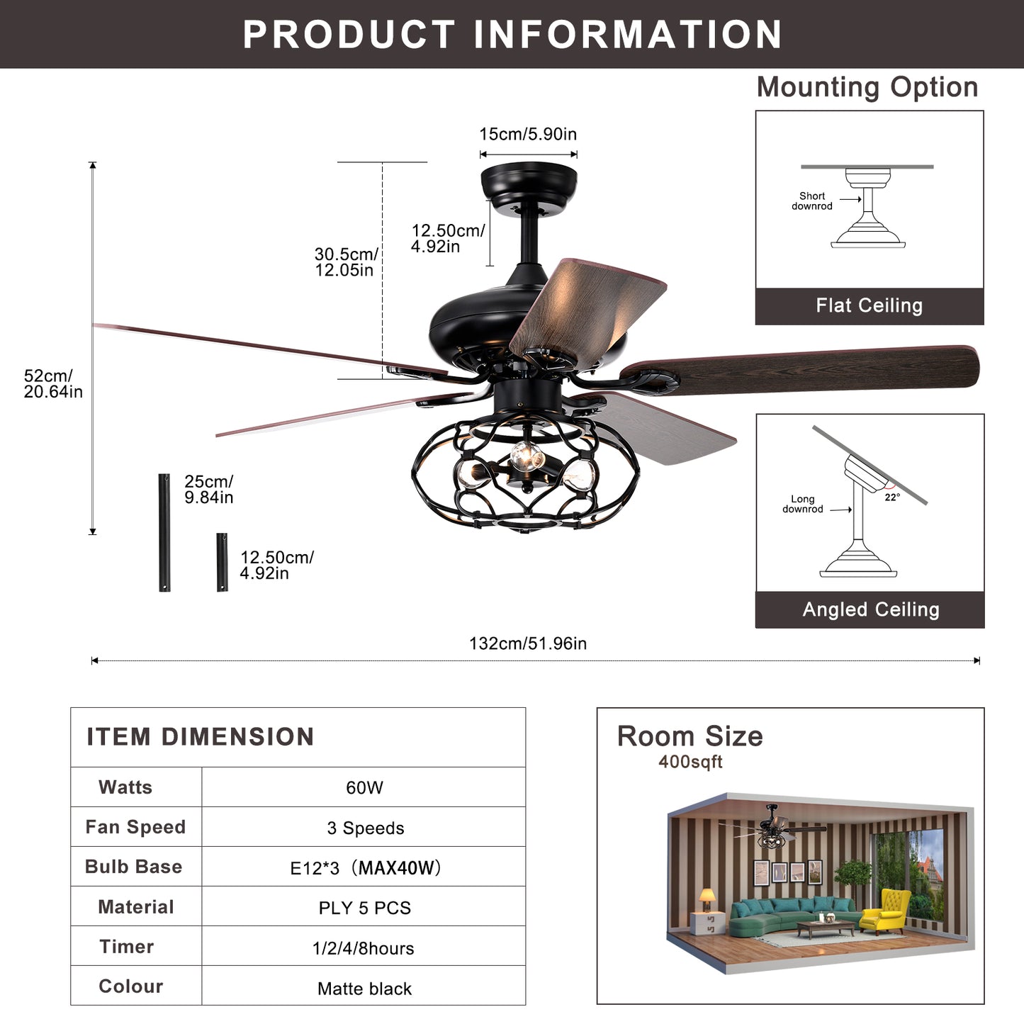 Melysen Low Profile Ceiling Fan with Lights(no include bulb),Blade Dark Wood 52-inch Ceiling Fan (Optional Remote&2 Color Option Blades)