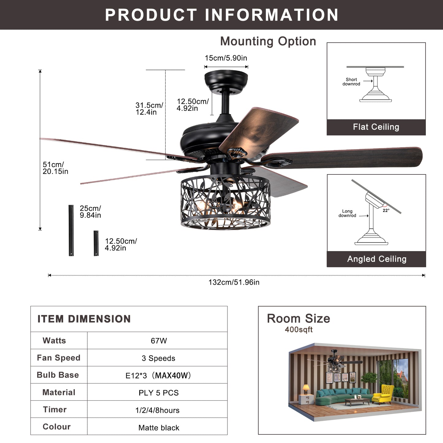 Melysen Farmhouse Industrial 52-inch Ceiling Fan (Optional Remote&2 Color Option Blades) or Bedroom, Living Room, Dining Room