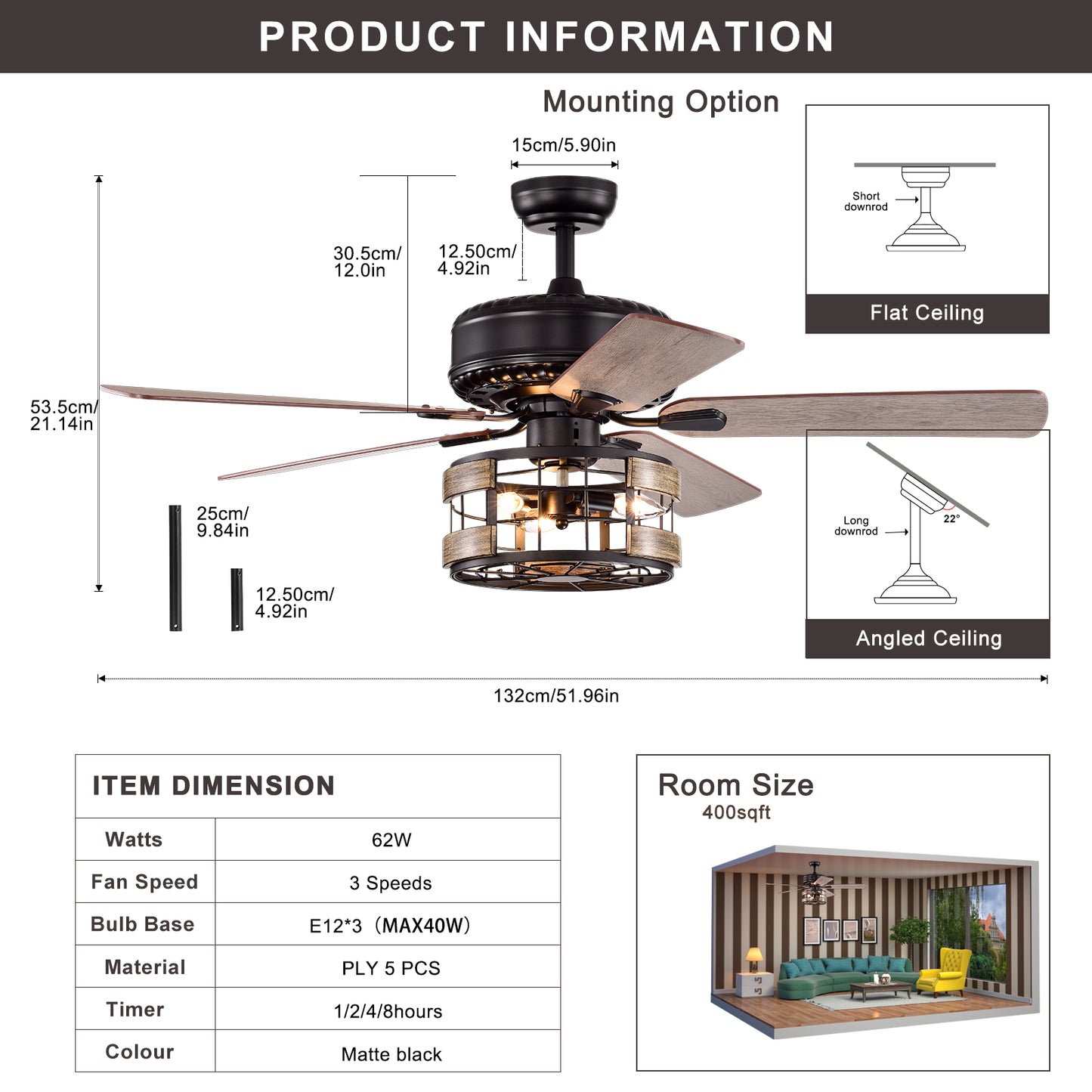 Melysen Farmhouse Industrial 52-inch Ceiling Fan (Optional Remote&2 Color Option Blades) or Bedroom, Living Room, Dining Room-Matte Black+Wood Gain