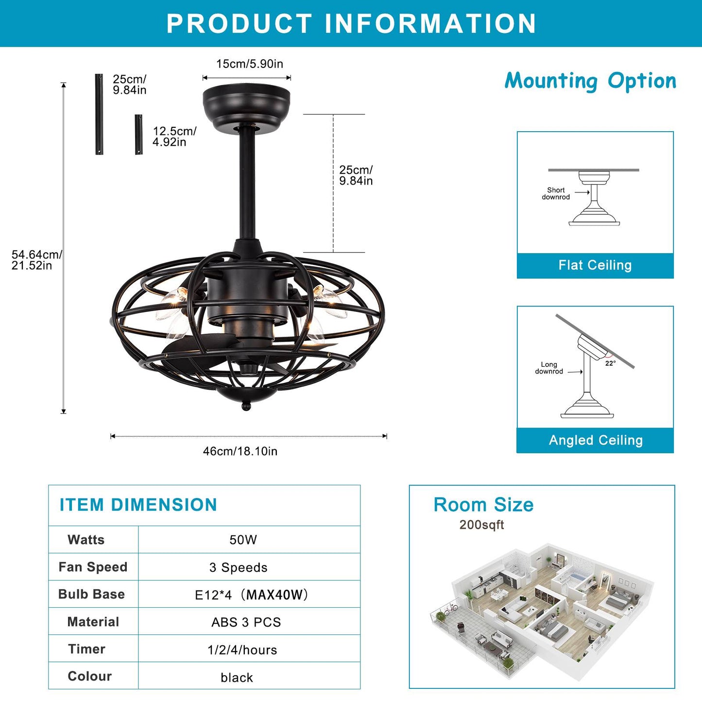 Melysen 18.1" Caged Ceiling Fan with Remote Control,Timer, 3 Speeds Indoor Ceiling Fan for Farmhouse, Bedroom Living Room(No include Bulbs)