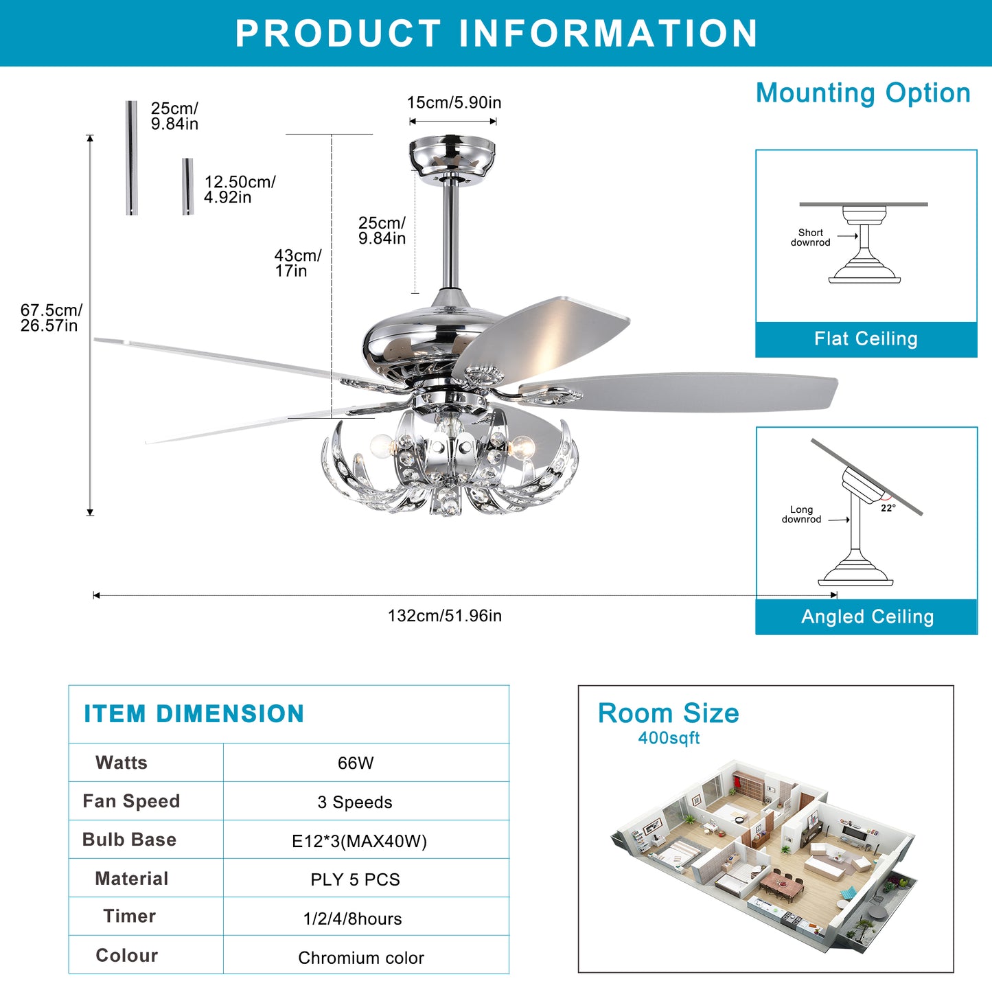 Melysen 52" Crystal Ceiling Fan with 5 Reversible Blades Light Kit and Remote Control, 3-Speed (High, Mid,Low) Adjustable for Living Room, Bedroom, Kitchen