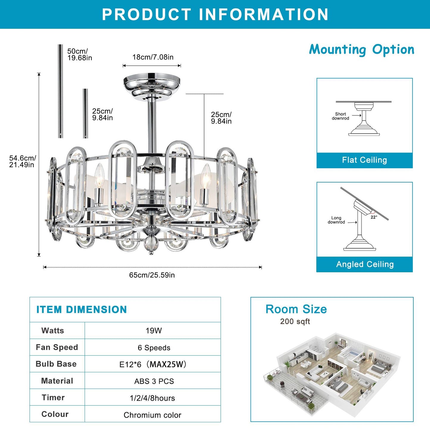 Melysen Dia 26 inch Crystal Chandelier Ceiling Fan Vintage Fandelier Flush Mounted Invisible for Bedroom Dining Room Living Room Kitchen Farmhouse Entry, Chrome