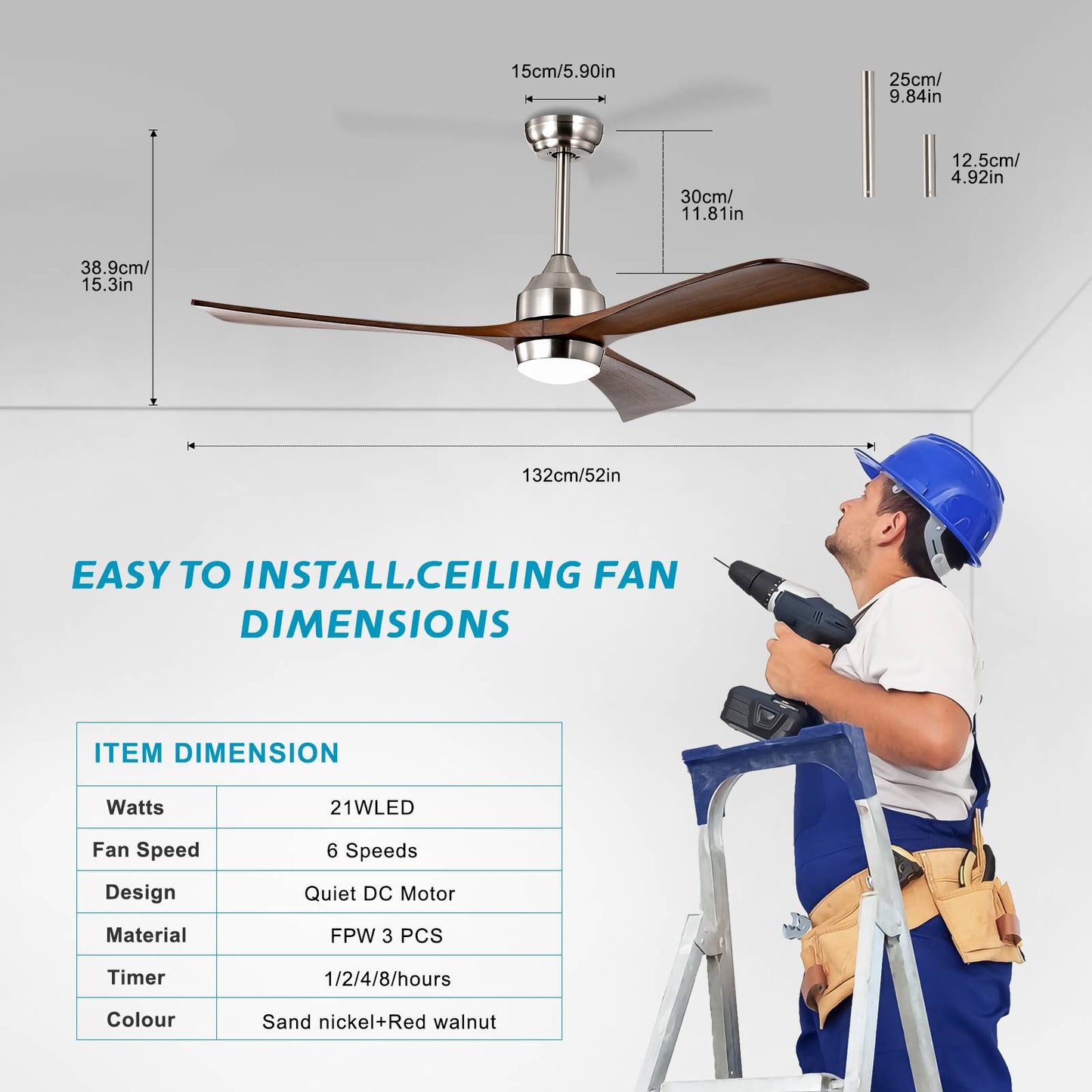 Melysen 52" Ceiling Fan with Lights Remote Control,Quiet DC Motor 3 Wood Blade Ceiling Fans 6 Speed Levels,Reversible Ceiling Fan, for Patio Living Room, Bedroom, Office,Indoor.(Stain nickel + Walnut )