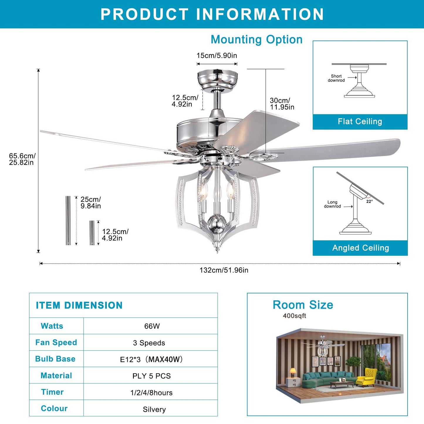 Melysen Ceiling Fans with Lights(no include bulb) and Remote 52 Inch Bedroom Ceiling Fan with Light Crystal Chandelier Fans, Reversible Motor, Timer, Polished Chrome