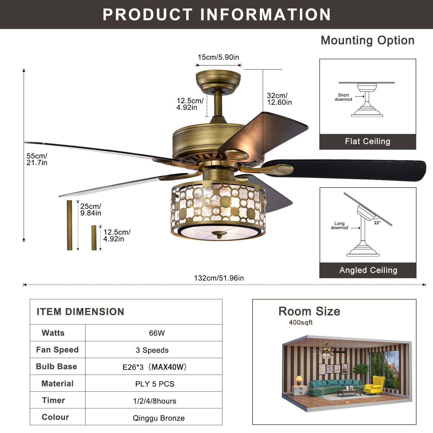 Melysen 52inch Antique Bronze Metal 3 Lights Crystal Ceiling Fan with 5 Wood Blades, Two-color fan blade, AC Motor, Remote Control, Reversible Airflow, 3 Speed, Adjustable Height, Traditional Ceiling Fan