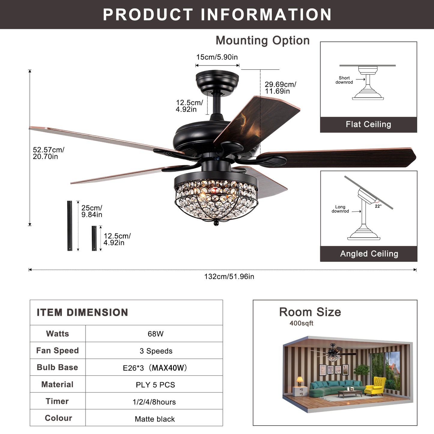 Melysen Modern Design Living Room 52 Inch Dimmable Decorative Crystal Chandelier Ceiling Fan With Light