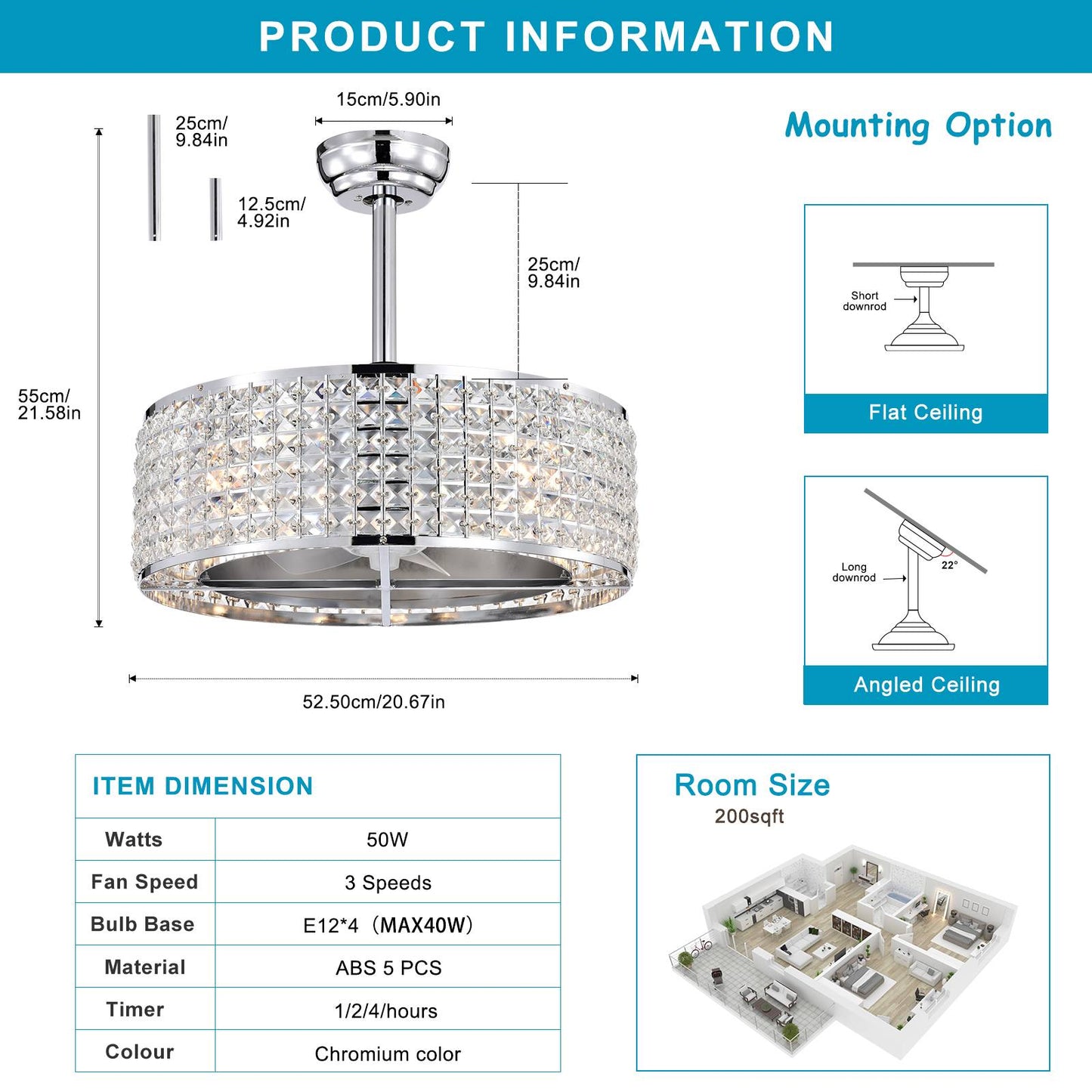 Melysen Crystal Caged Ceiling Fan with Lights Remote Control, 20".67 Enclosed Ceiling Fan, Rustic Farmhouse Ceiling Fan with Light, Reversible 3 Speeds, 1/2/4 Timing (Bulbs Not Included)-Chrome