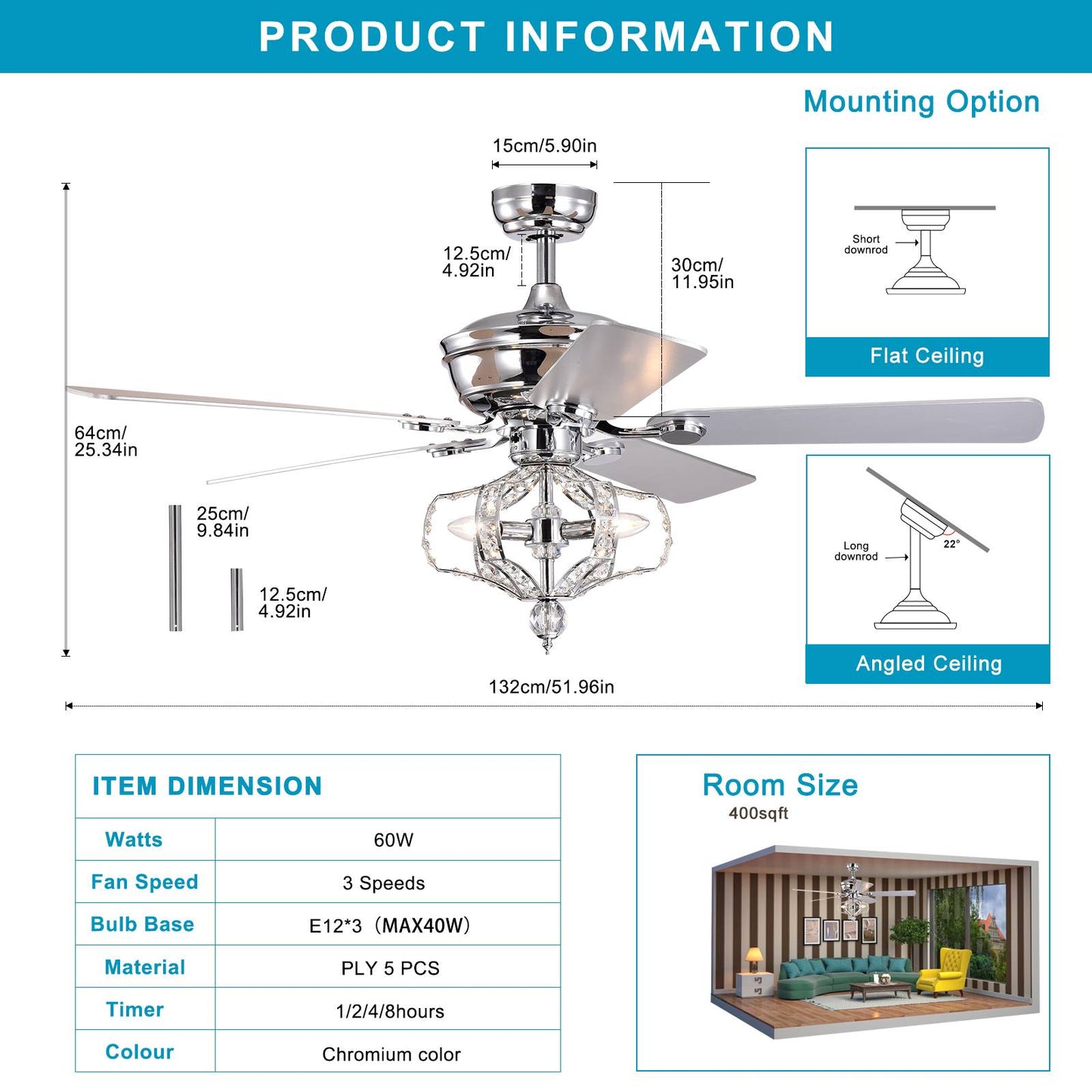 Melysen Crystal Ceiling Fan with Lights Fandelier Chandelier Reversible Blades 3 Wind Speeds Remote Control for Bedroom Living Dining Room Chrome 52 Inch