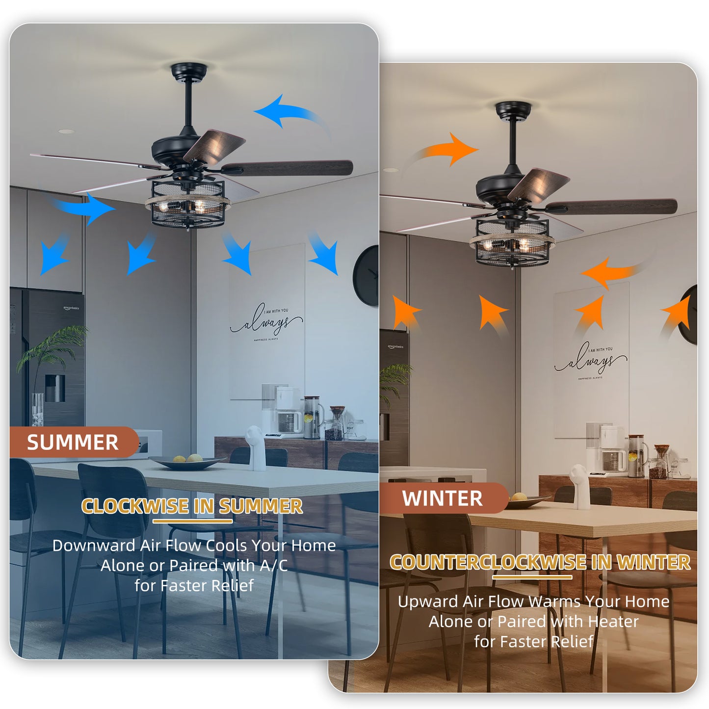 Melysen 52 Inch Farmhouse Ceiling Fan with Remote,3-Lights Ceiling Fan with Light Fixture (No include Bulbs), Ceiling Fan for Patio,Living room,Bedroom -Black Matte+Wood Grain