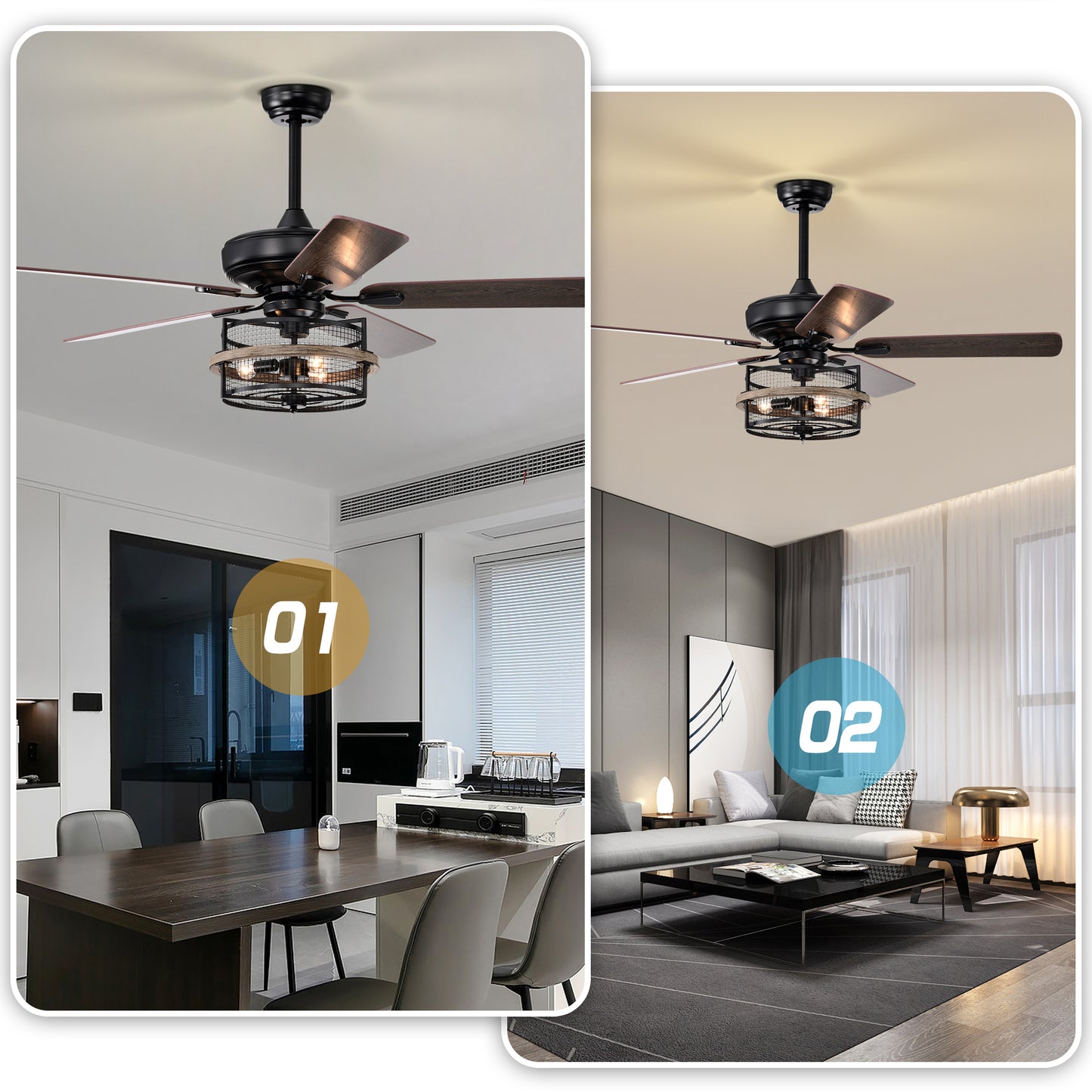 Melysen 52 Inch Farmhouse Ceiling Fan with Remote,3-Lights Ceiling Fan with Light Fixture (No include Bulbs), Ceiling Fan for Patio,Living room,Bedroom -Black Matte+Wood Grain