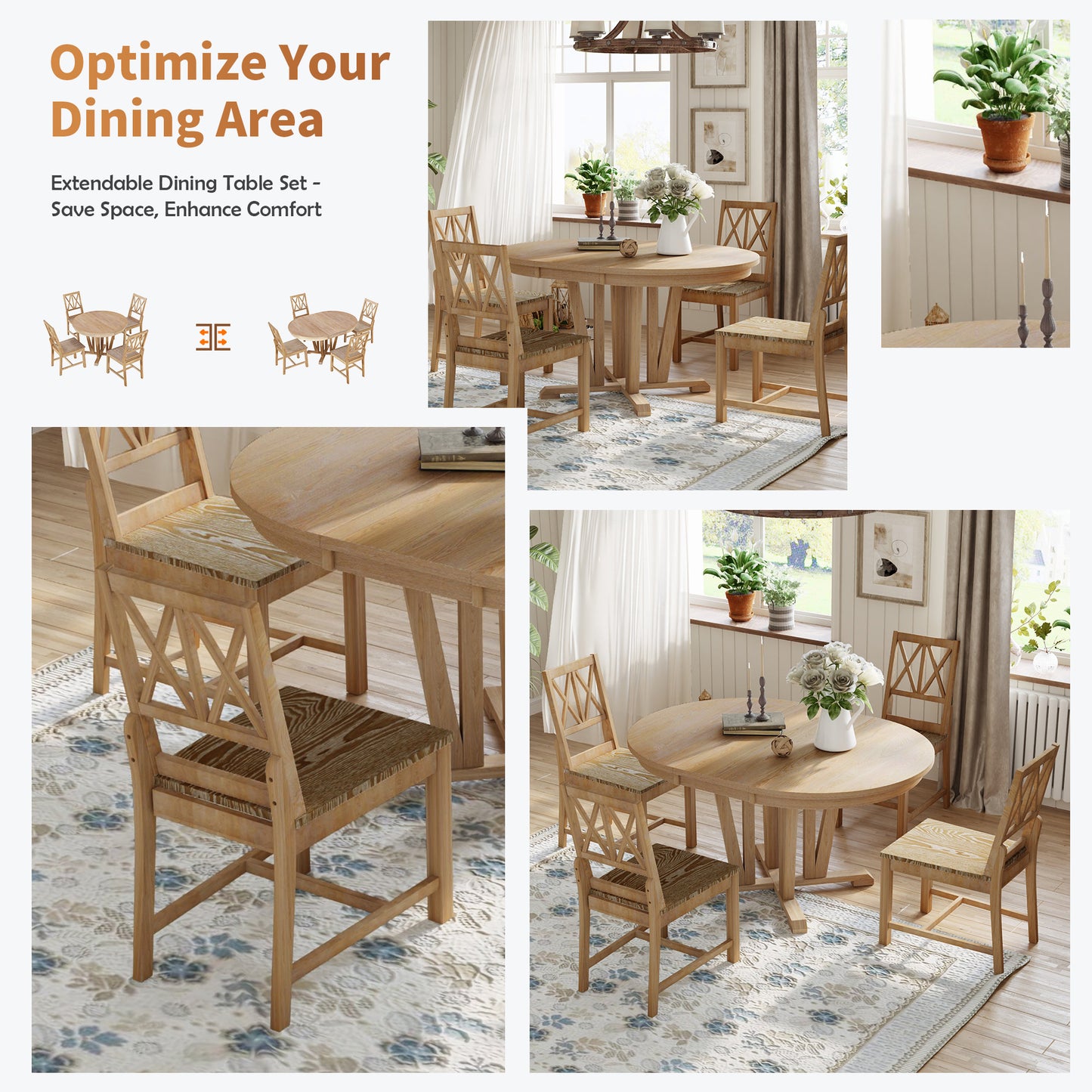 Melysen Rustic 5-Piece Extendable Dining Table Set Round Trestle Table and 4 Cross Back Dining Chairs for Kitchen, Dining Room