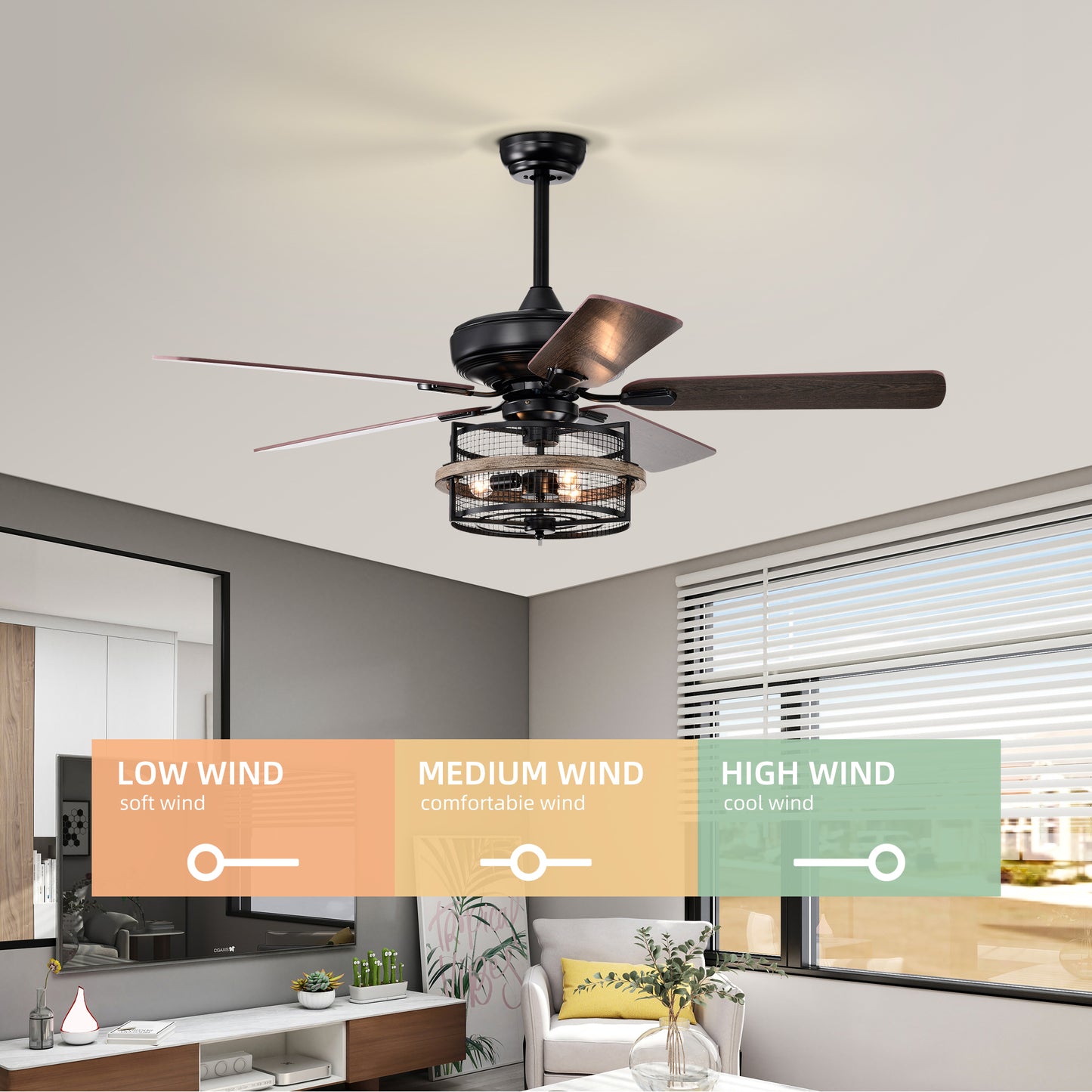 Melysen 52 Inch Farmhouse Ceiling Fan with Remote,3-Lights Ceiling Fan with Light Fixture (No include Bulbs), Ceiling Fan for Patio,Living room,Bedroom -Black Matte+Wood Grain