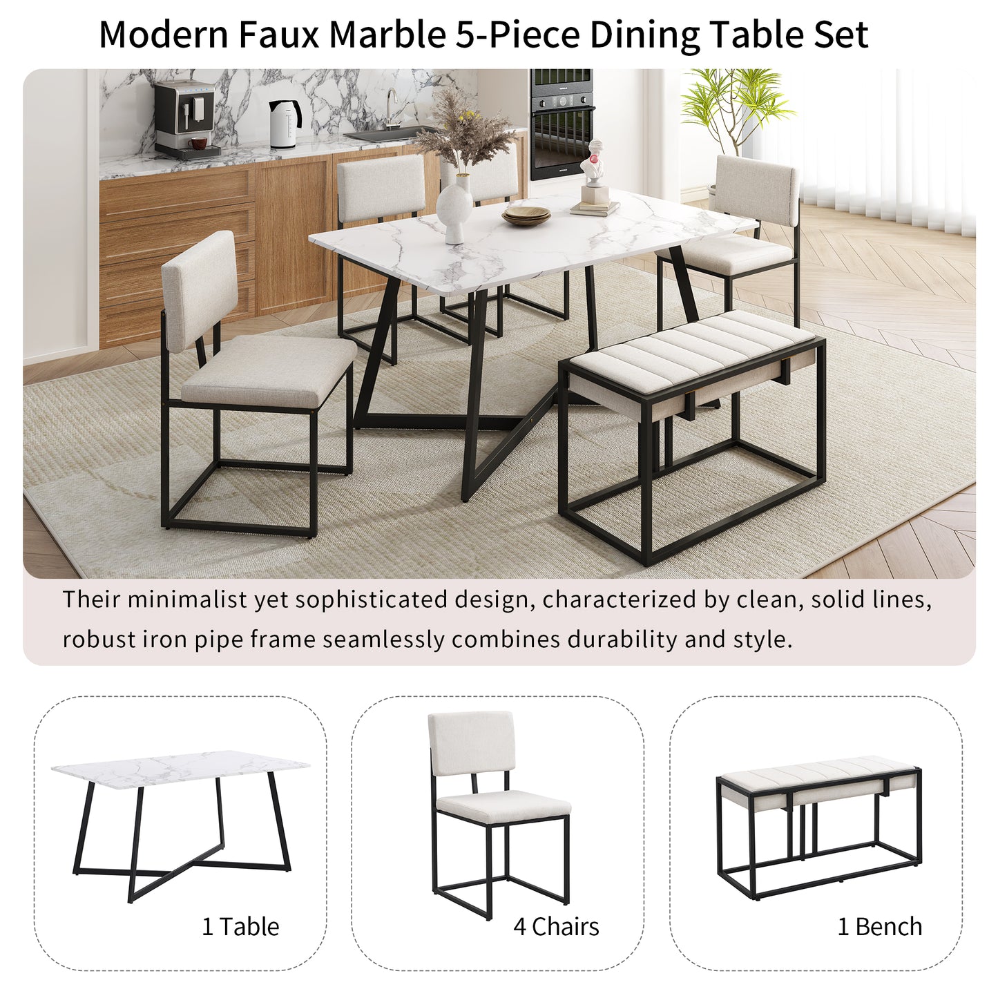 Melysen Modern Faux Marble 6-Piece Dining Table Set,60inch Metal Kitchen Table Set with Upholstered Dining Chairs and Bench