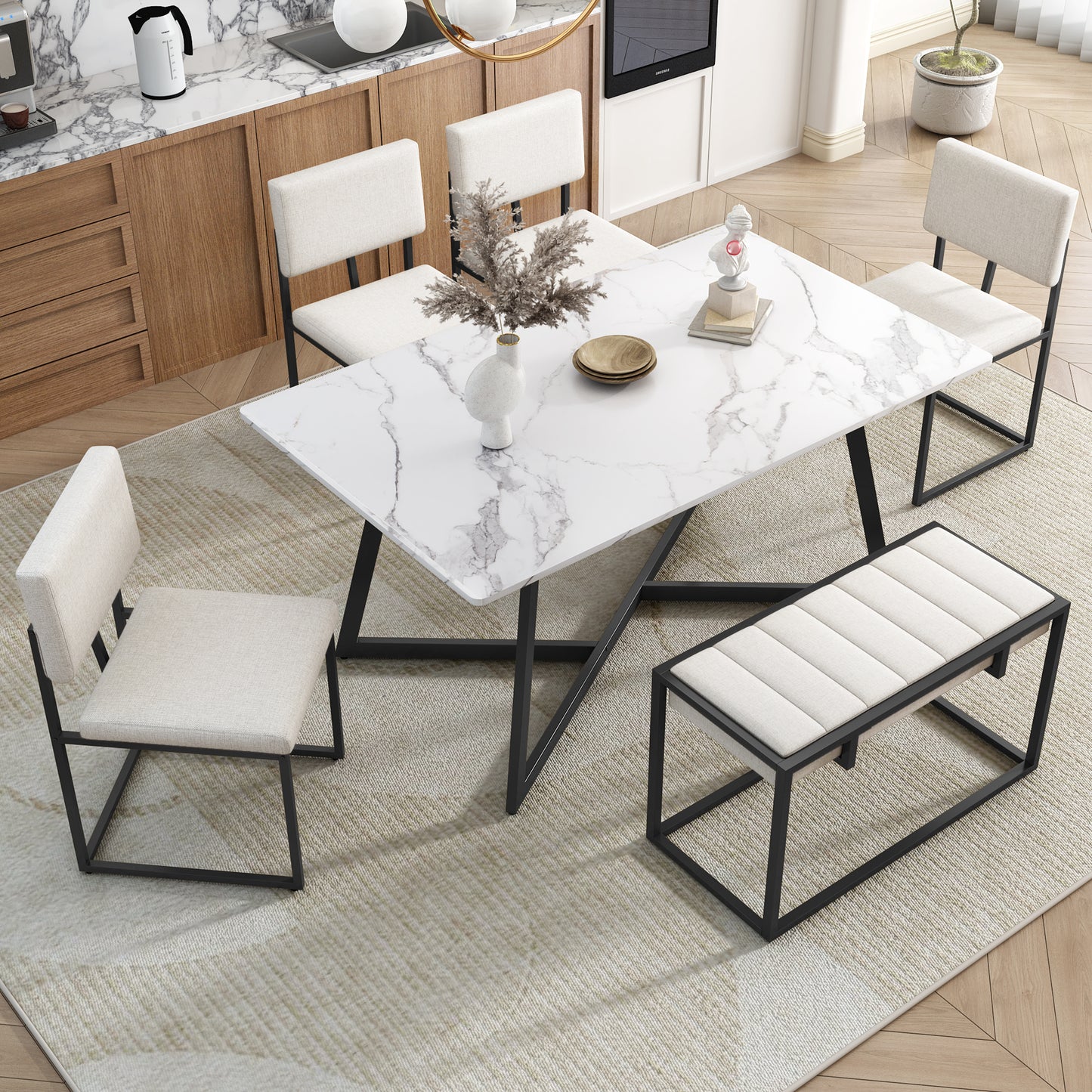 Melysen Modern Faux Marble 6-Piece Dining Table Set,60inch Metal Kitchen Table Set with Upholstered Dining Chairs and Bench