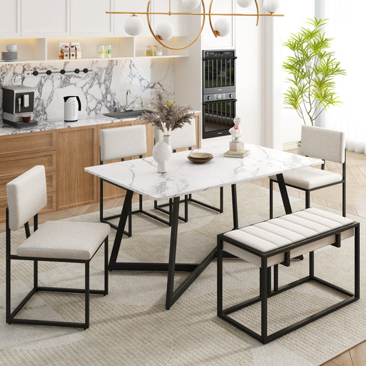 Melysen Modern Faux Marble 6-Piece Dining Table Set,60inch Metal Kitchen Table Set with Upholstered Dining Chairs and Bench