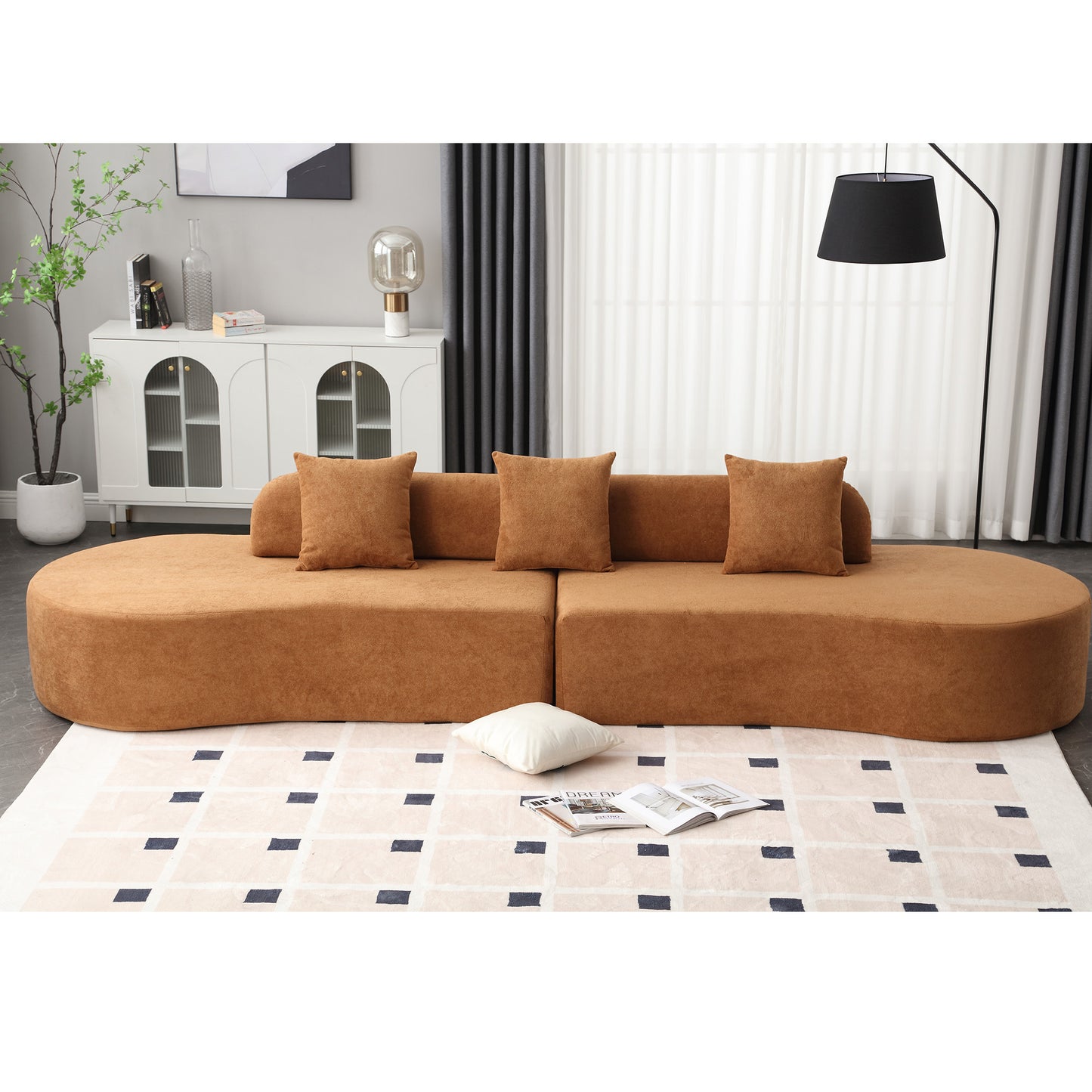 Melysen Modern curved combination sofa, terrycloth fabric sofa, minimalist sofa in living room, apartment, no assembly required, three  pillows