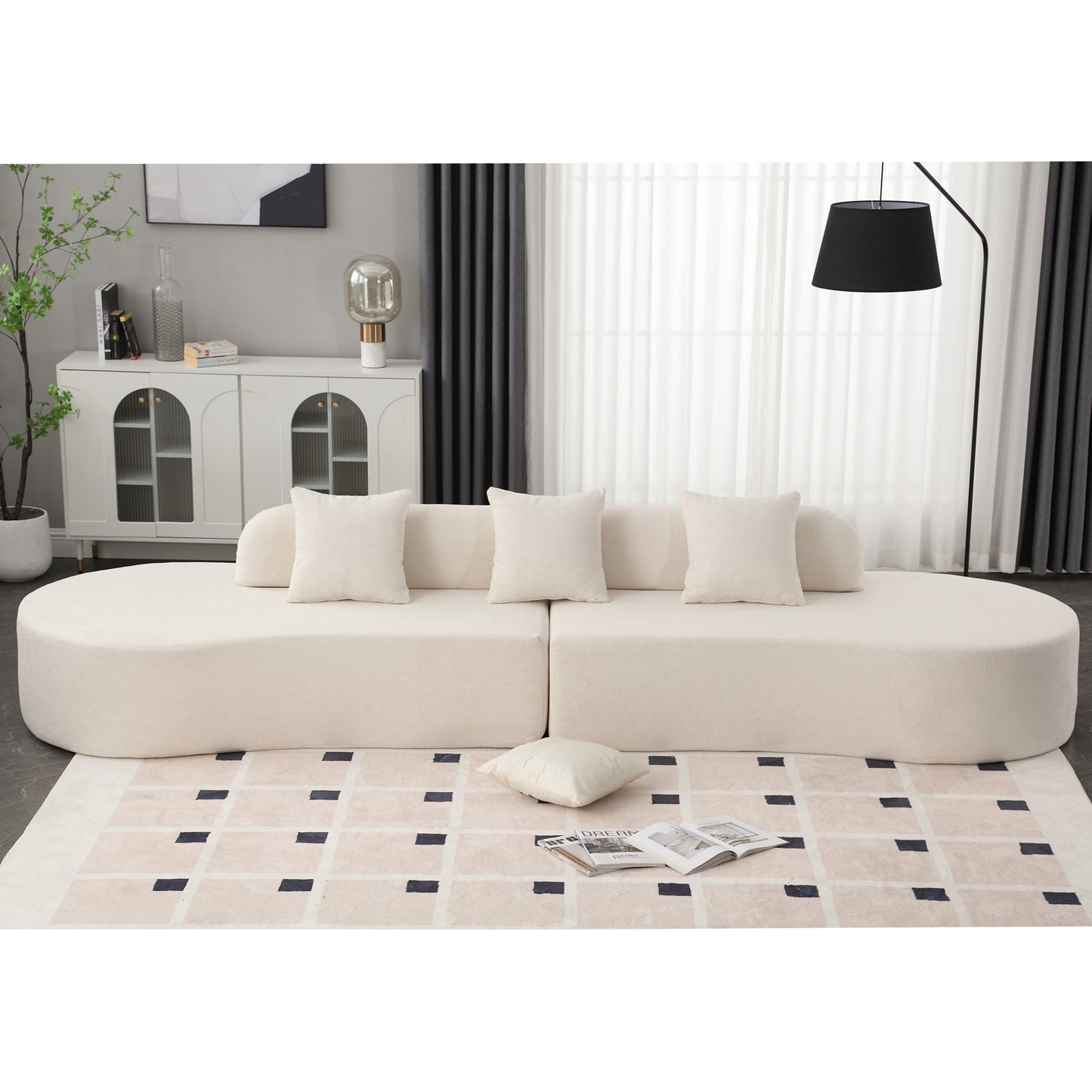 Melysen Modern curved combination sofa, terrycloth fabric sofa, minimalist sofa in living room, apartment, no assembly required, three  pillows