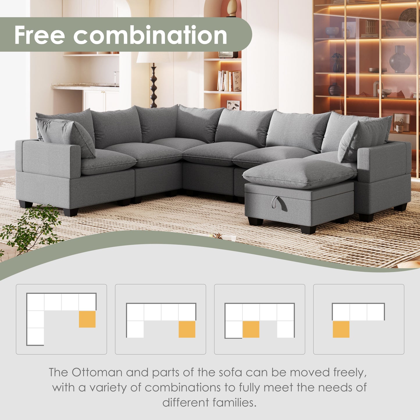 Melysen  120*93" Modern U Shape Modular Sofa with Storage Ottoman,Luxury 7 Seat Sectional Couch Set with 2 Pillows Included,Freely Combinable Indoor Funiture for Living Room, Apartment