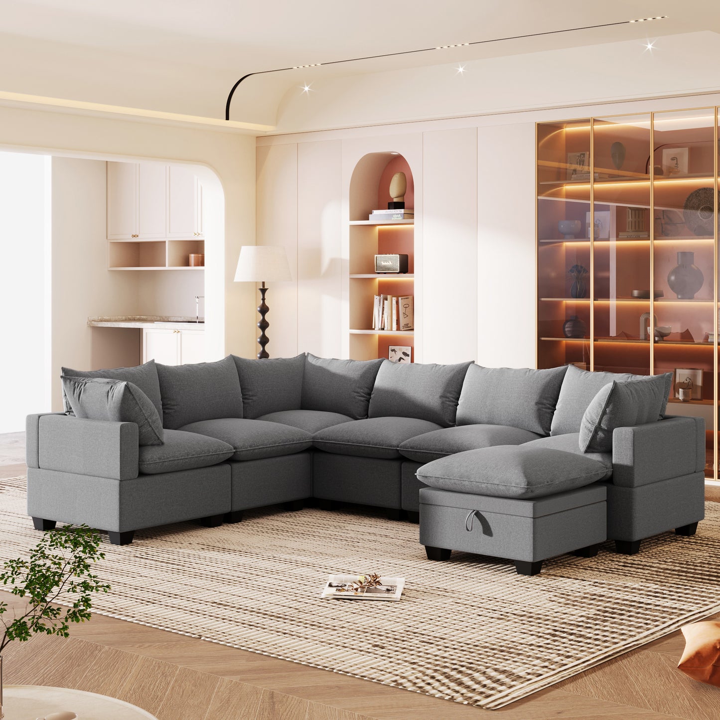 Melysen  120*93" Modern U Shape Modular Sofa with Storage Ottoman,Luxury 7 Seat Sectional Couch Set with 2 Pillows Included,Freely Combinable Indoor Funiture for Living Room, Apartment