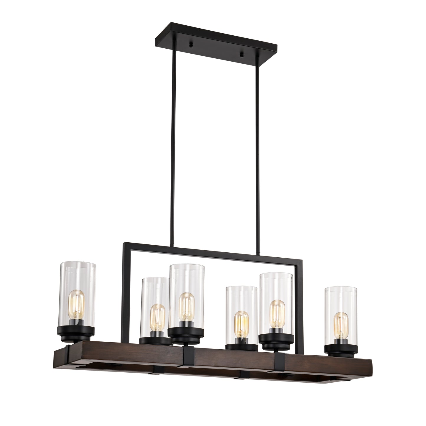 Melysen Matte Black / Wood Grain Metal Chandelier Fixture, 6 lights Ceiling Pendant light for Living Room, Bedroom, Dining Room, Adjustable Height , E26*6, W36.6*W13.5*H42.9