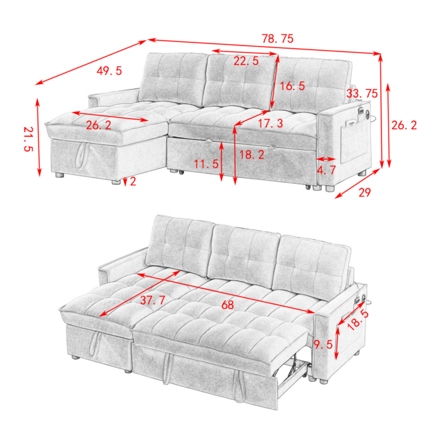 Melysen 78.75" Reclining Sofa, Pull-Out Sofa Bed with USB and tape-c charging ports, L-Shaped Sectional Sofa with Reclining Storage and Arm Side Organizer Pocket Features, Living Room Comfort Sofain