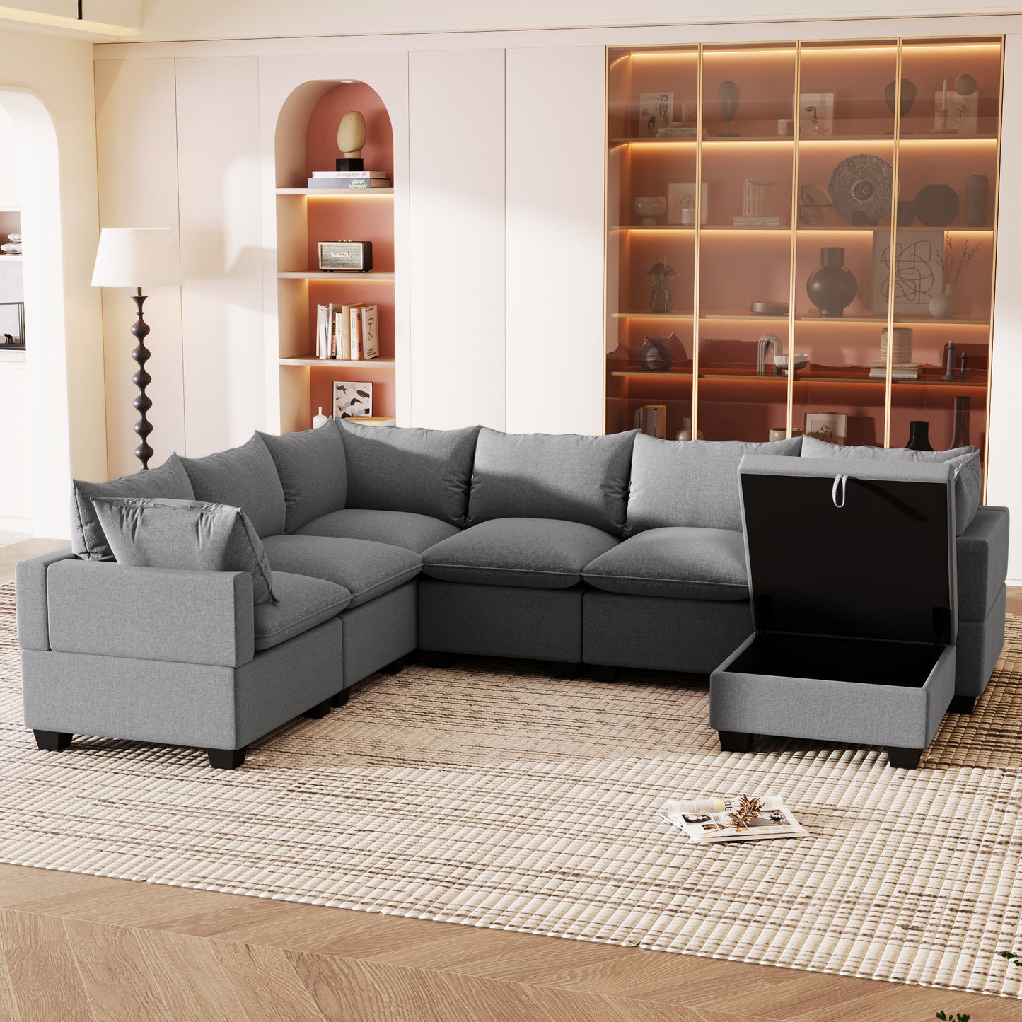 Melysen  120*93" Modern U Shape Modular Sofa with Storage Ottoman,Luxury 7 Seat Sectional Couch Set with 2 Pillows Included,Freely Combinable Indoor Funiture for Living Room, Apartment