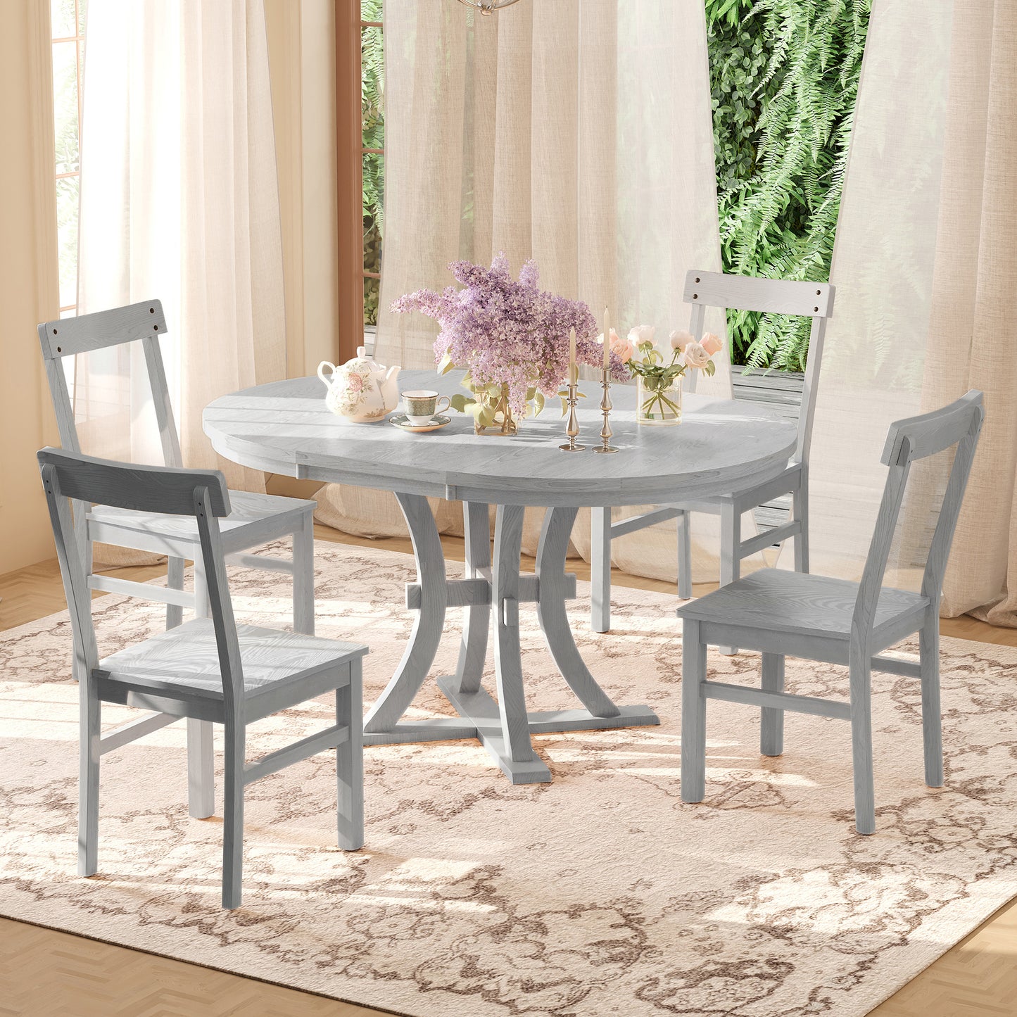 Melysen 5-Piece Rustic Round Pedestal Extendable Dining Table Set