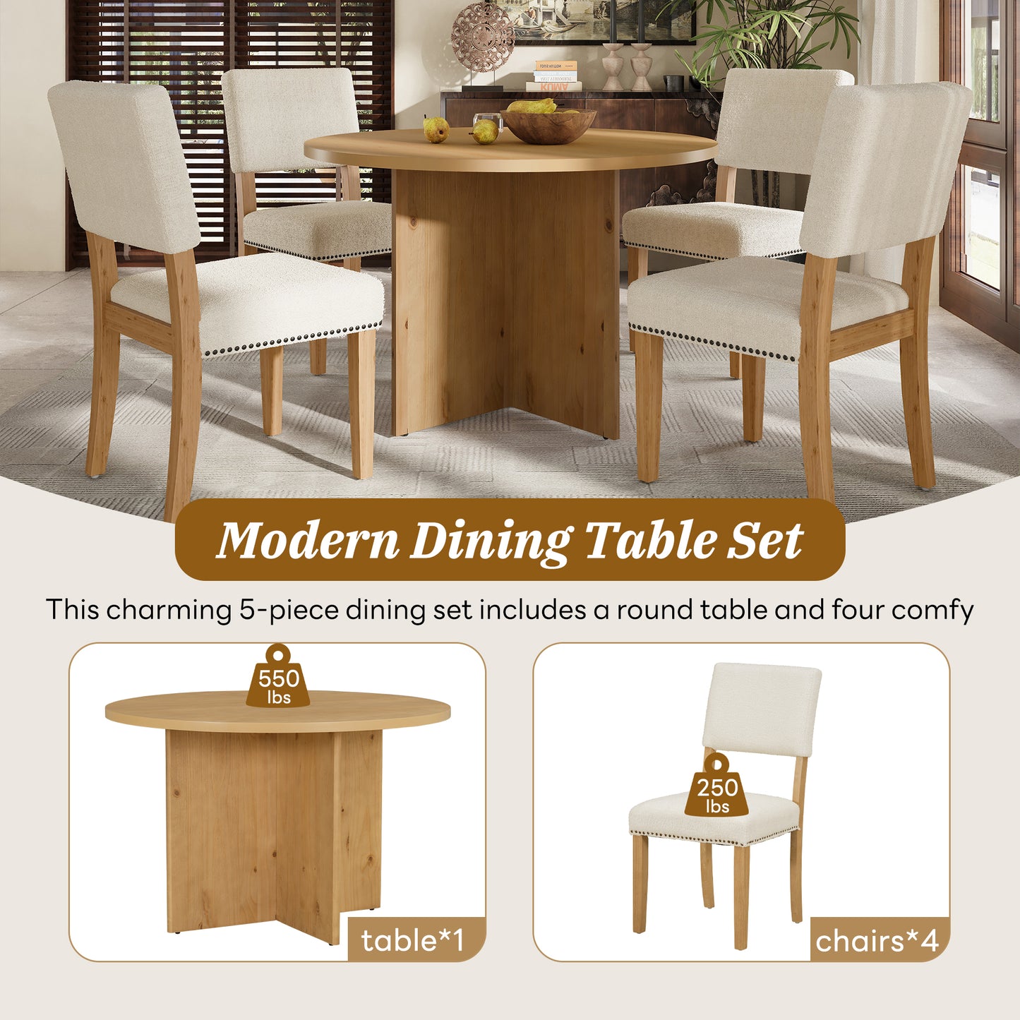 Melysen Modern 5-Piece Round Dining Table Set Pedestal Kitchen Table Set with 4 Upholstered Dining Chairs for Studio, Apartment, Small Places