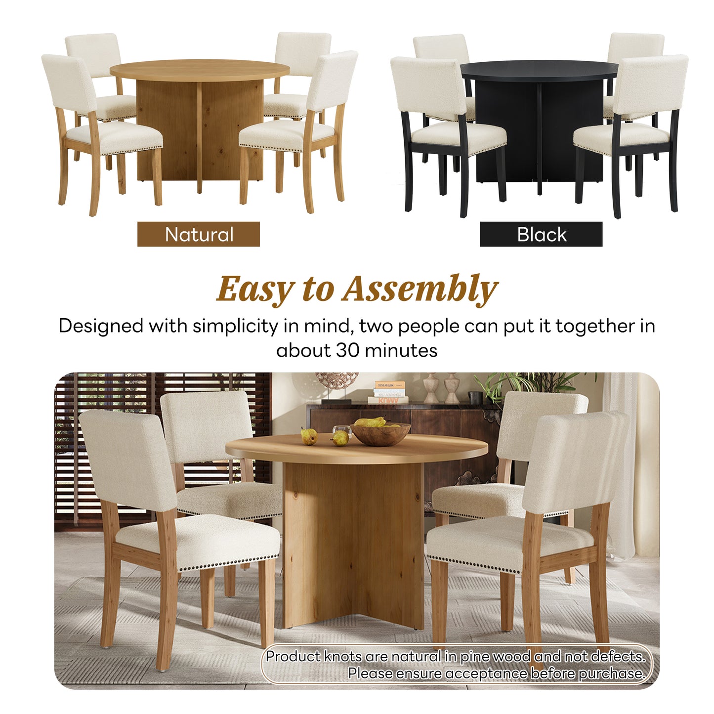 Melysen Modern 5-Piece Round Dining Table Set Pedestal Kitchen Table Set with 4 Upholstered Dining Chairs for Studio, Apartment, Small Places