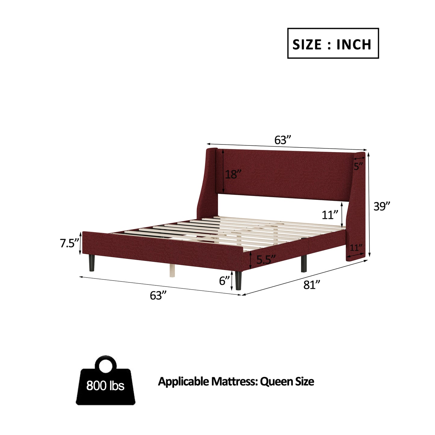 Melysen Bedframe Upholstered Bed Frame Platform,Red