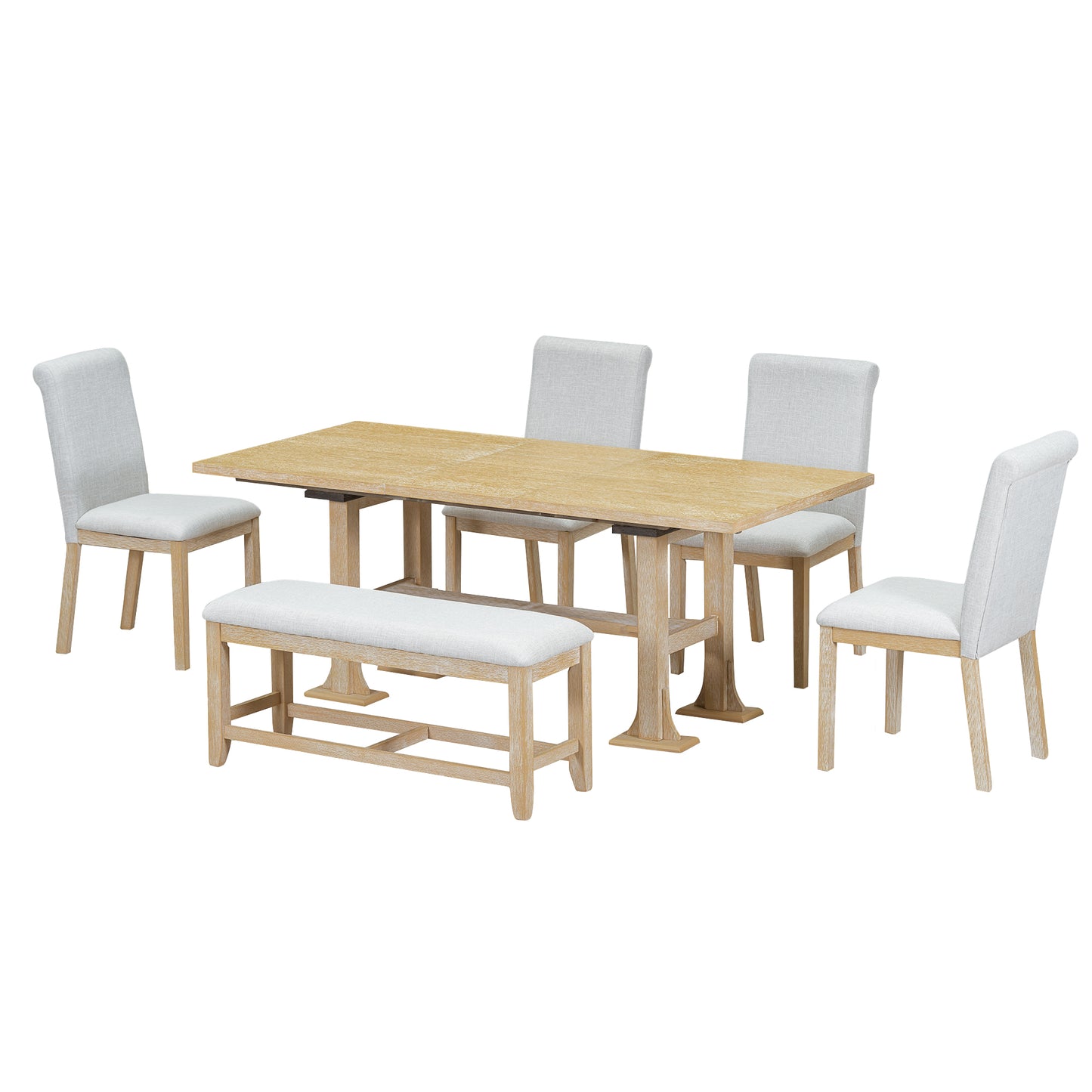 Melysen Farmhouse 76inch 6-Piece Extendable Dining Table Set Trestle Kitchen Table Set with 18inch Removable Leaf and Upholstered Dining Chair and Bench for Dining Room