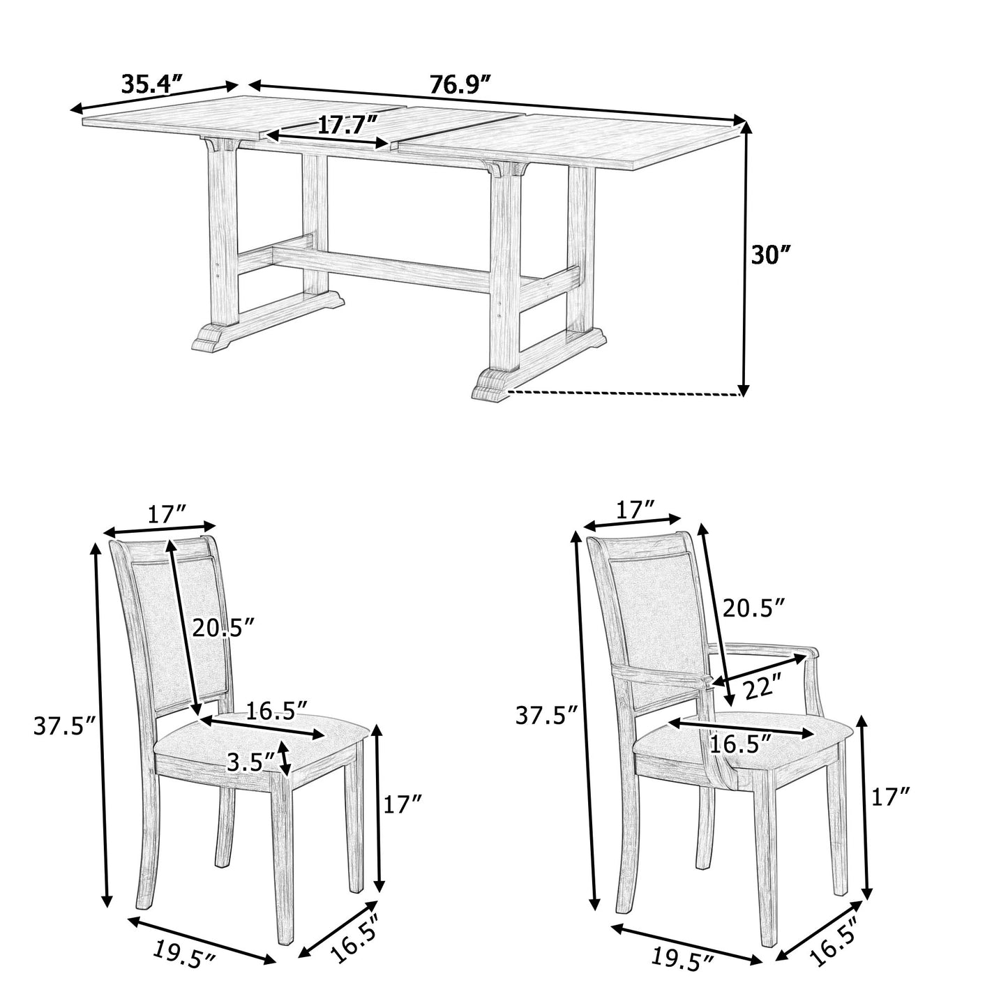 Melysen 7-Piece Updated 76.9inch Extendable Trestle Dining Table Set with Removable Leaf, Kitchen Table Set with Upholstered Side Chair and Arm Chair,Set of 6