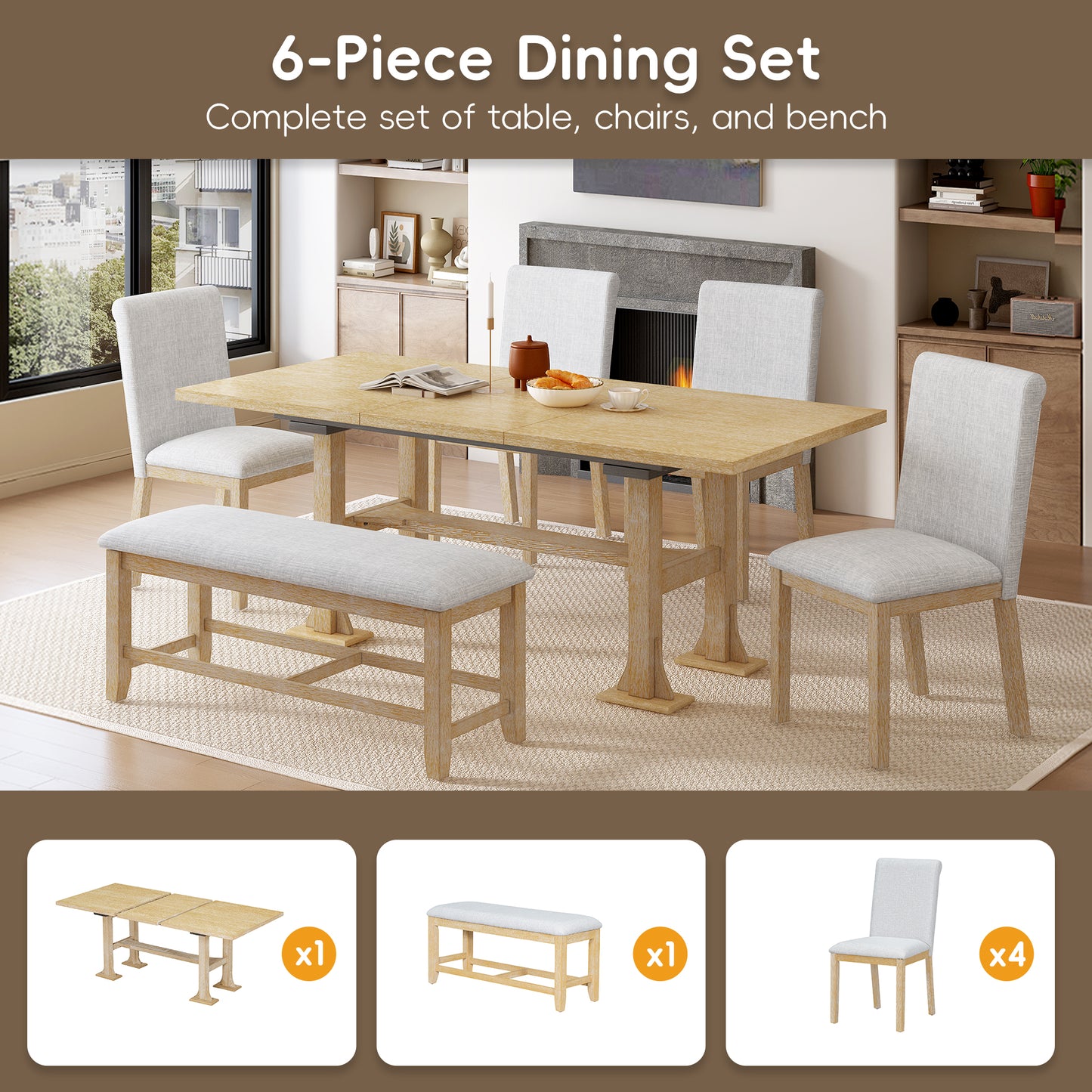 Melysen Farmhouse 76inch 6-Piece Extendable Dining Table Set Trestle Kitchen Table Set with 18inch Removable Leaf and Upholstered Dining Chair and Bench for Dining Room