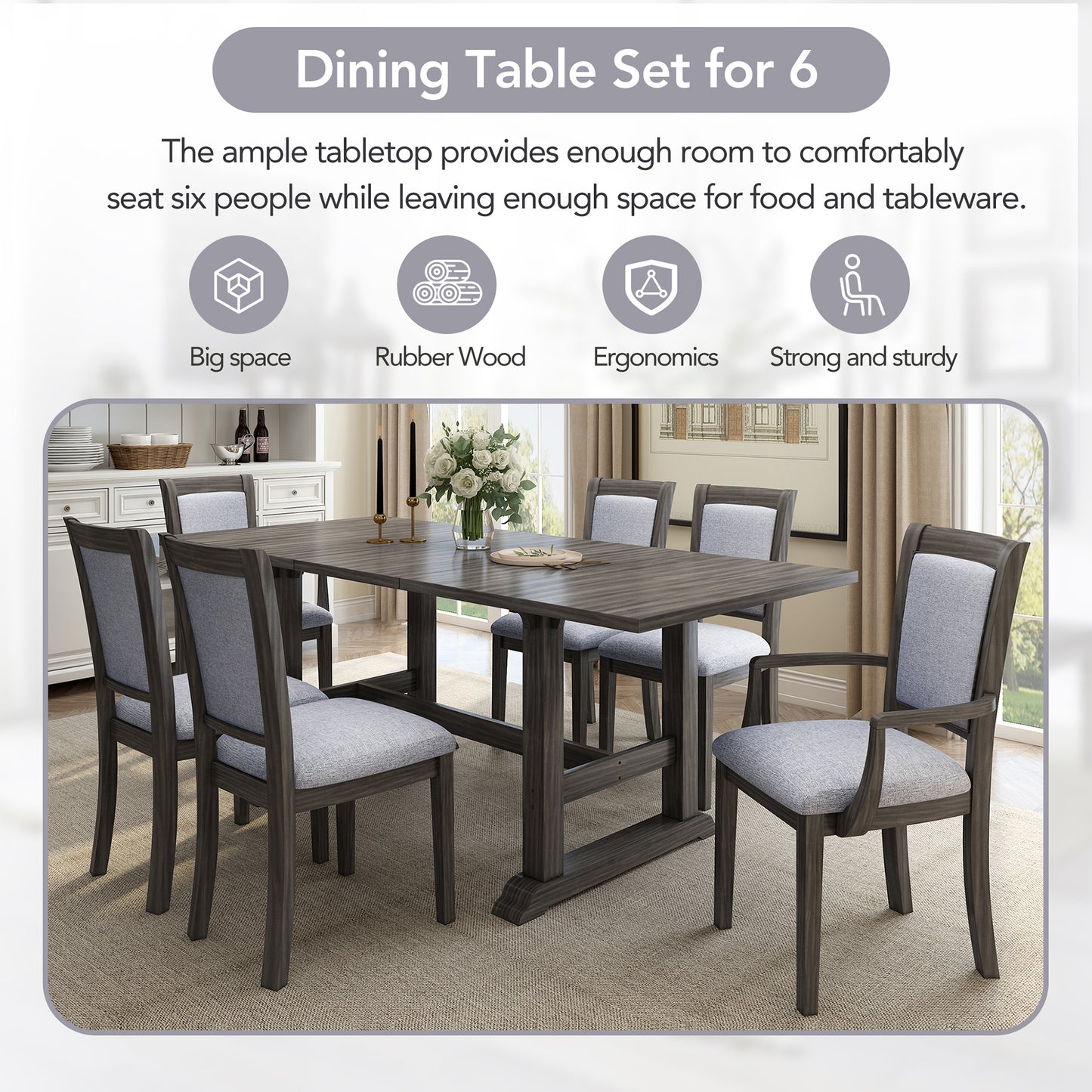 Melysen 7-Piece Updated 76.9inch Extendable Trestle Dining Table Set with Removable Leaf, Kitchen Table Set with Upholstered Side Chair and Arm Chair,Set of 6