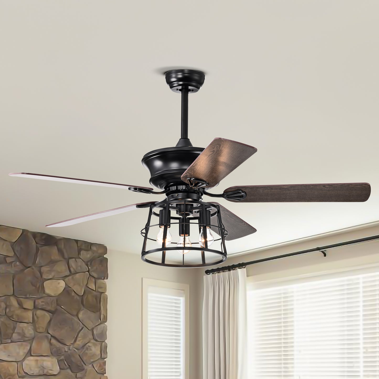 Melysen 52" Farmhouse Ceiling Fan with Lights, 52 Inch Industrial Cage Ceiling Fan Light, Indoor Outdoor Ceiling Fan with Remote, Reversible AC Motor for Farmhouse Patios Bedroom Garage 3&E26 -Matte Blac