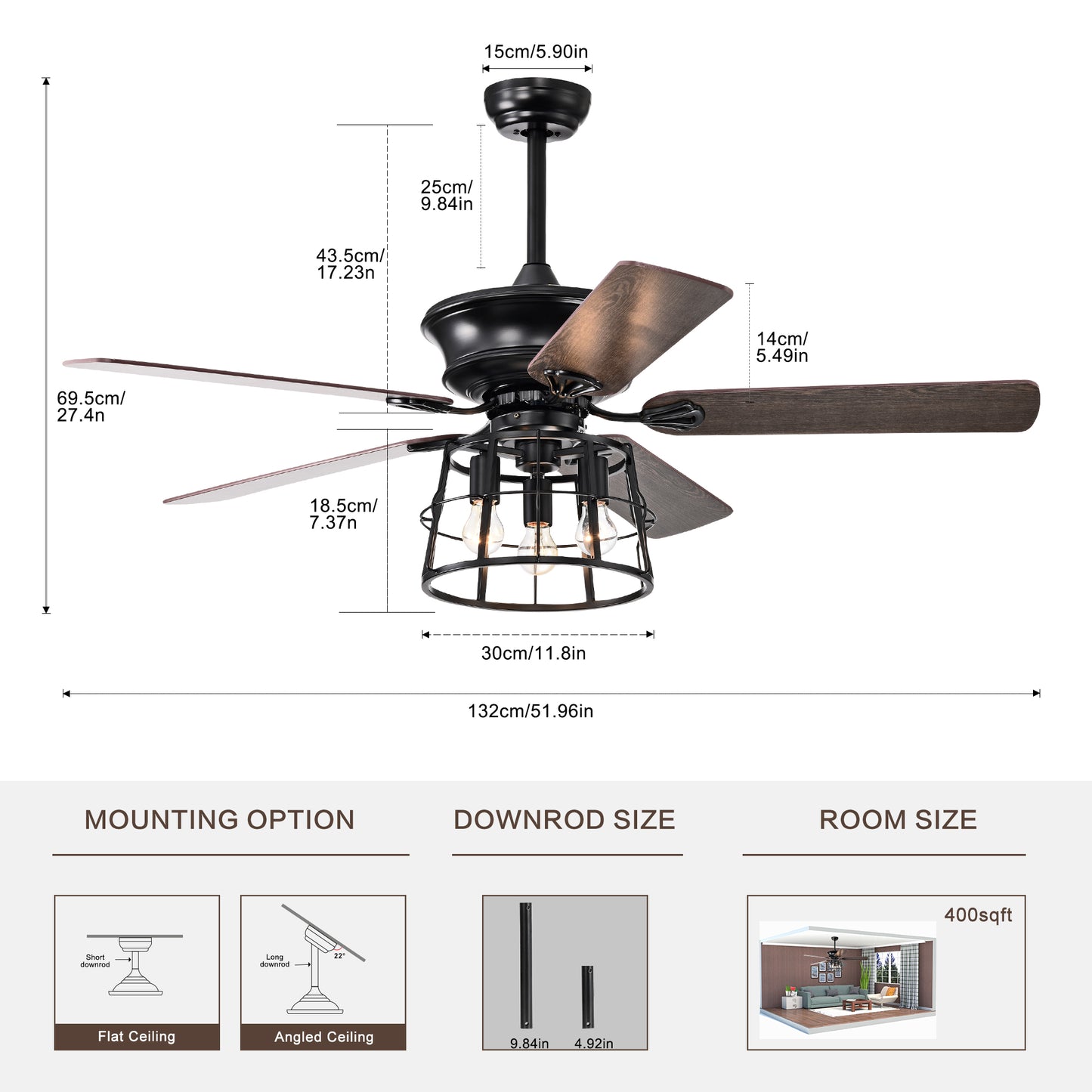 Melysen 52" Farmhouse Ceiling Fan with Lights, 52 Inch Industrial Cage Ceiling Fan Light, Indoor Outdoor Ceiling Fan with Remote, Reversible AC Motor for Farmhouse Patios Bedroom Garage 3&E26 -Matte Blac