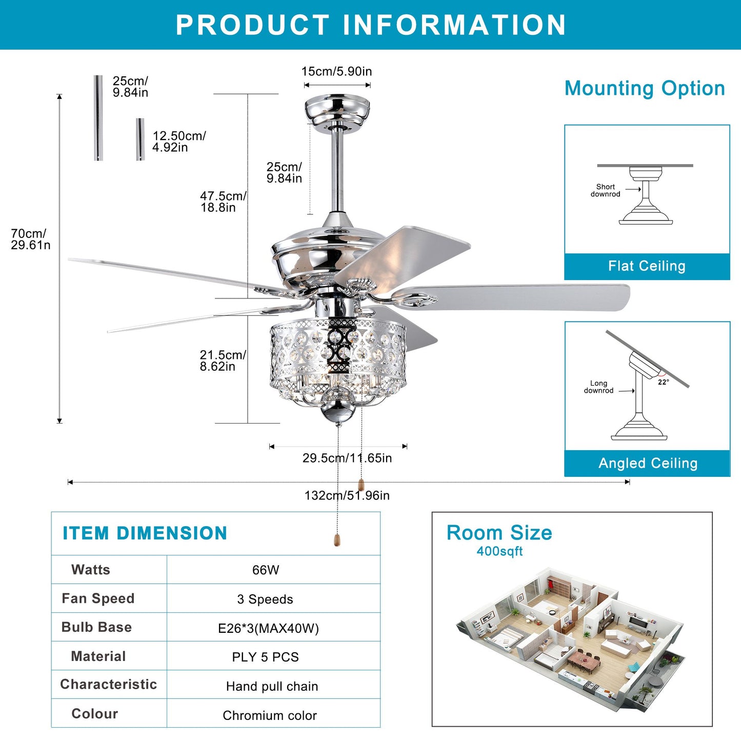 Melysen 52-inch Indoor Ceiling Fan with Pull Chain,Reversible AC motors , Pull Chain-Chrome (No Include Bulb)