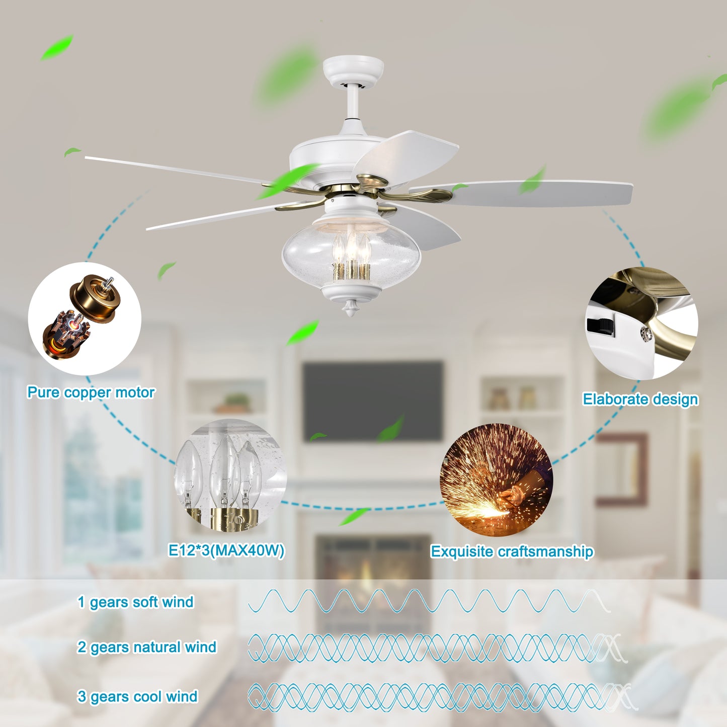 Melysen 52" Low Profile Ceiling Fan , White Modern Ceiling Fans with Remote Control for Bedroom,Living Room,3 Speed ,Glass Shade -Matte White