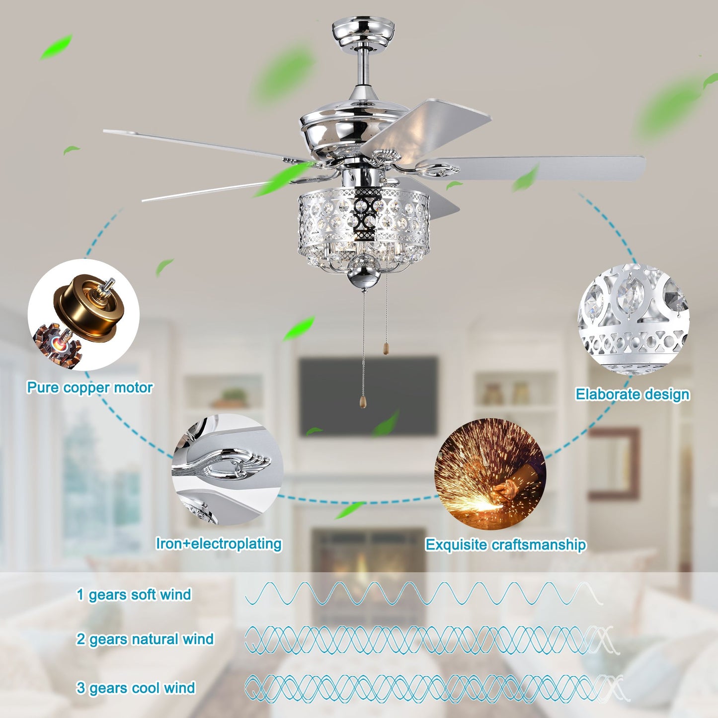 Melysen 52-inch Indoor Ceiling Fan with Pull Chain,Reversible AC motors , Pull Chain-Chrome (No Include Bulb)