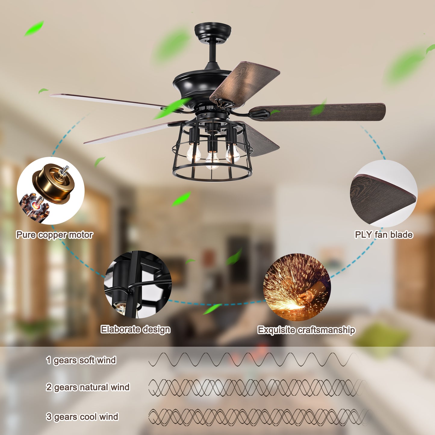 Melysen 52" Farmhouse Ceiling Fan with Lights, 52 Inch Industrial Cage Ceiling Fan Light, Indoor Outdoor Ceiling Fan with Remote, Reversible AC Motor for Farmhouse Patios Bedroom Garage 3&E26 -Matte Blac