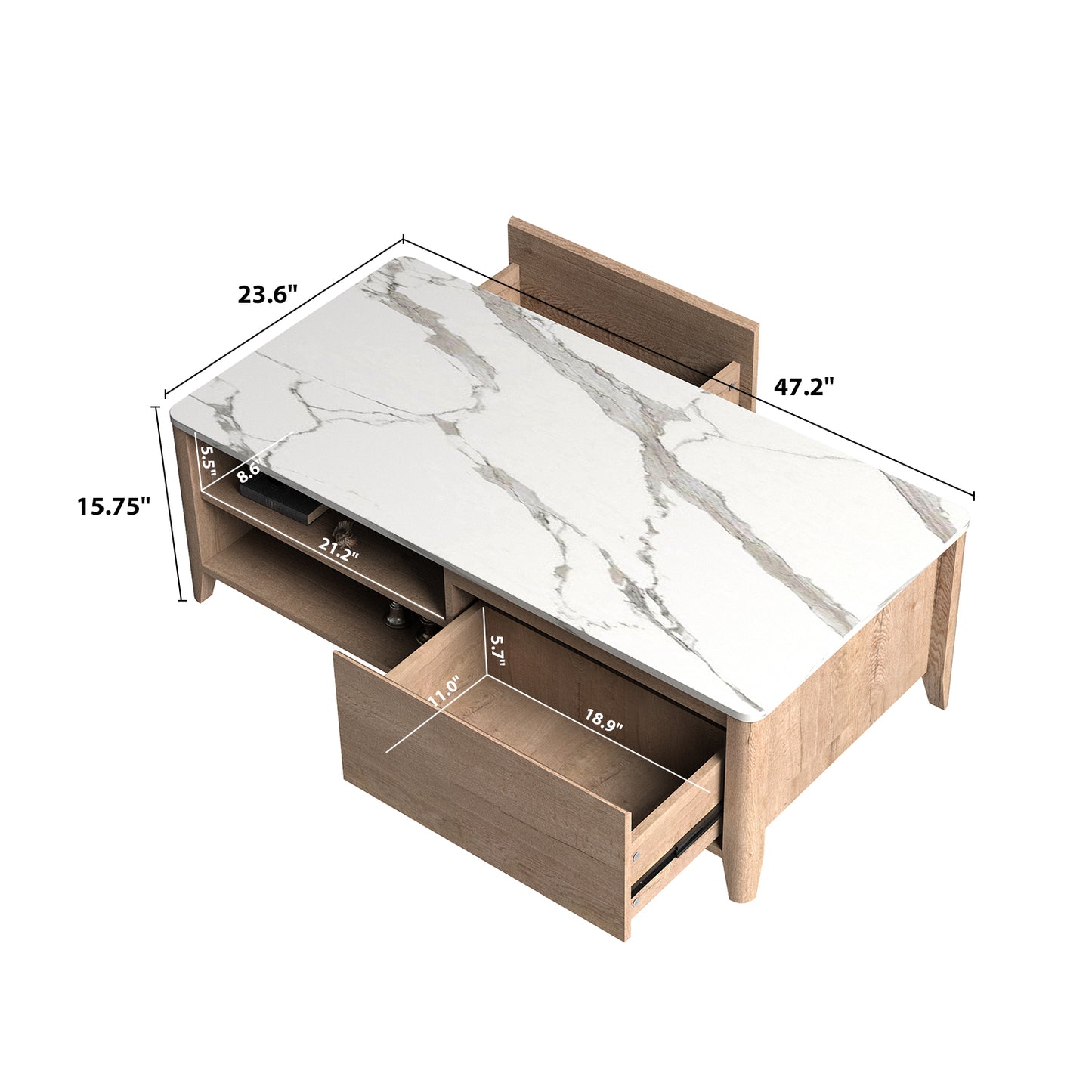 Melysen 47 Inch Modern Farmhouse Double Drawer Coffee Table for Living Room or Office , Tobacco Wood and White Marblein