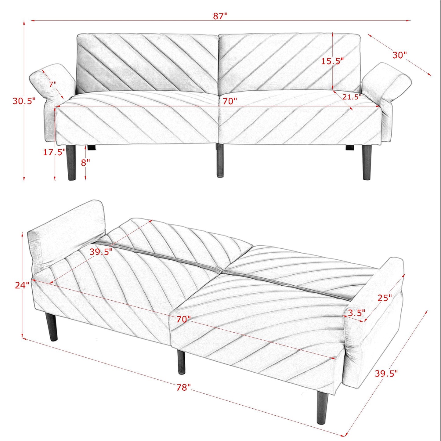 Melysen Velvet Futon Couch Convertible Folding Sofa Bed Tufted Couch with Adjustable Armrests for Apartment