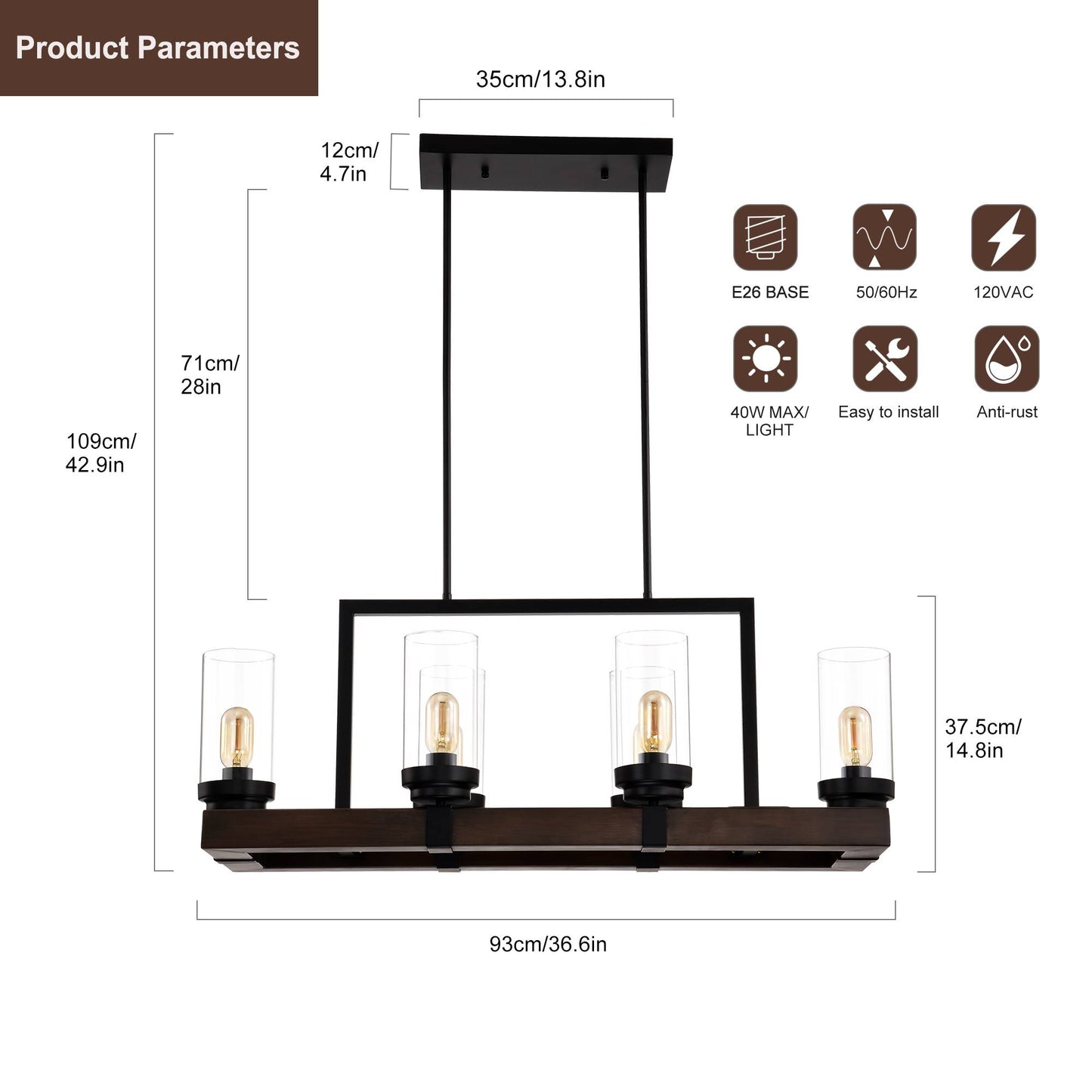 Melysen Matte Black / Wood Grain Metal Chandelier Fixture, 6 lights Ceiling Pendant light for Living Room, Bedroom, Dining Room, Adjustable Height , E26*6, W36.6*W13.5*H42.9