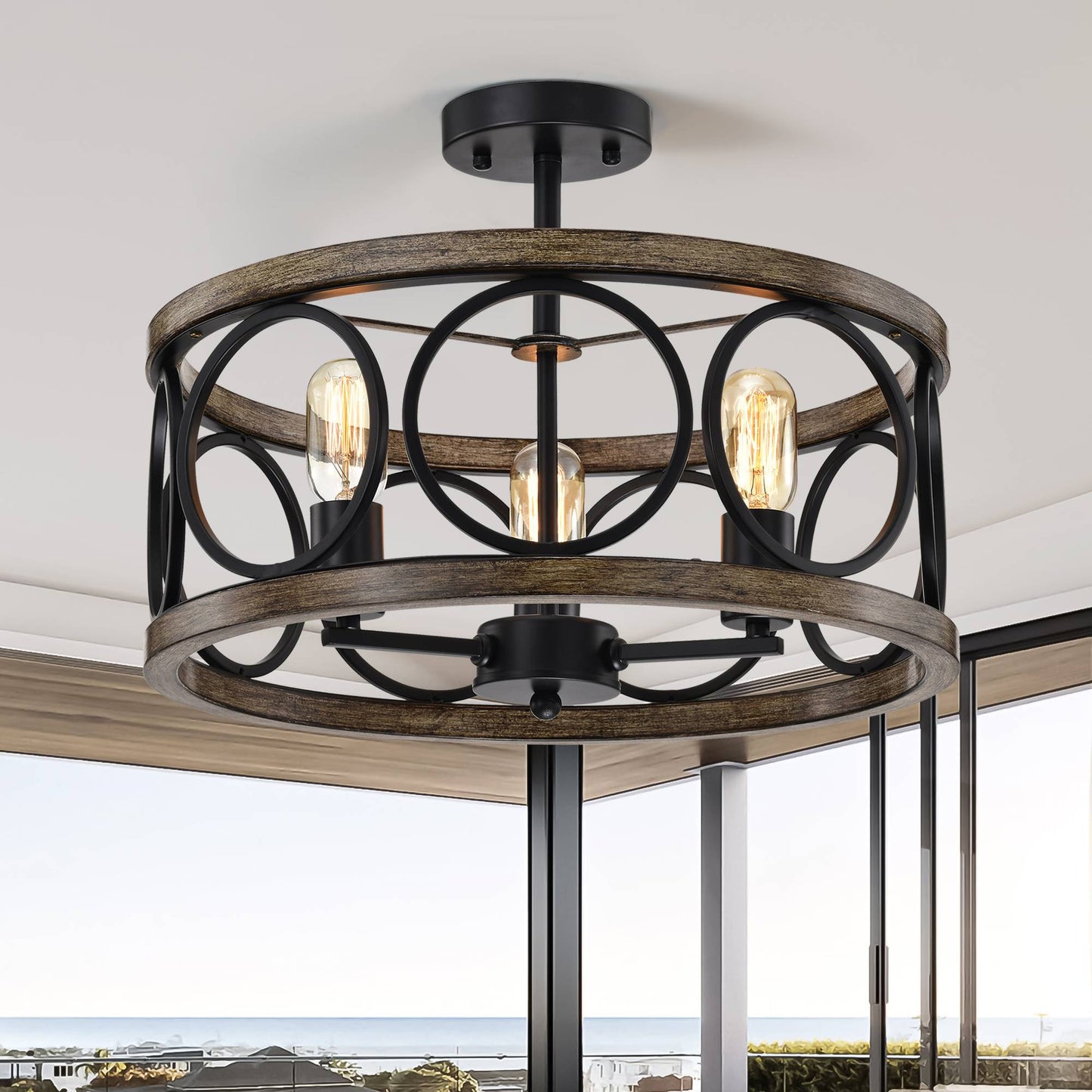 Melysen Flush Mount Ceiling Light Fixture Ceiling Mount,3 Light 17.72" Matte Black Drum Chandelier Farmhouse Chandelier Modern Pendant Light Fixtures for Kitchen Lighting Fixture