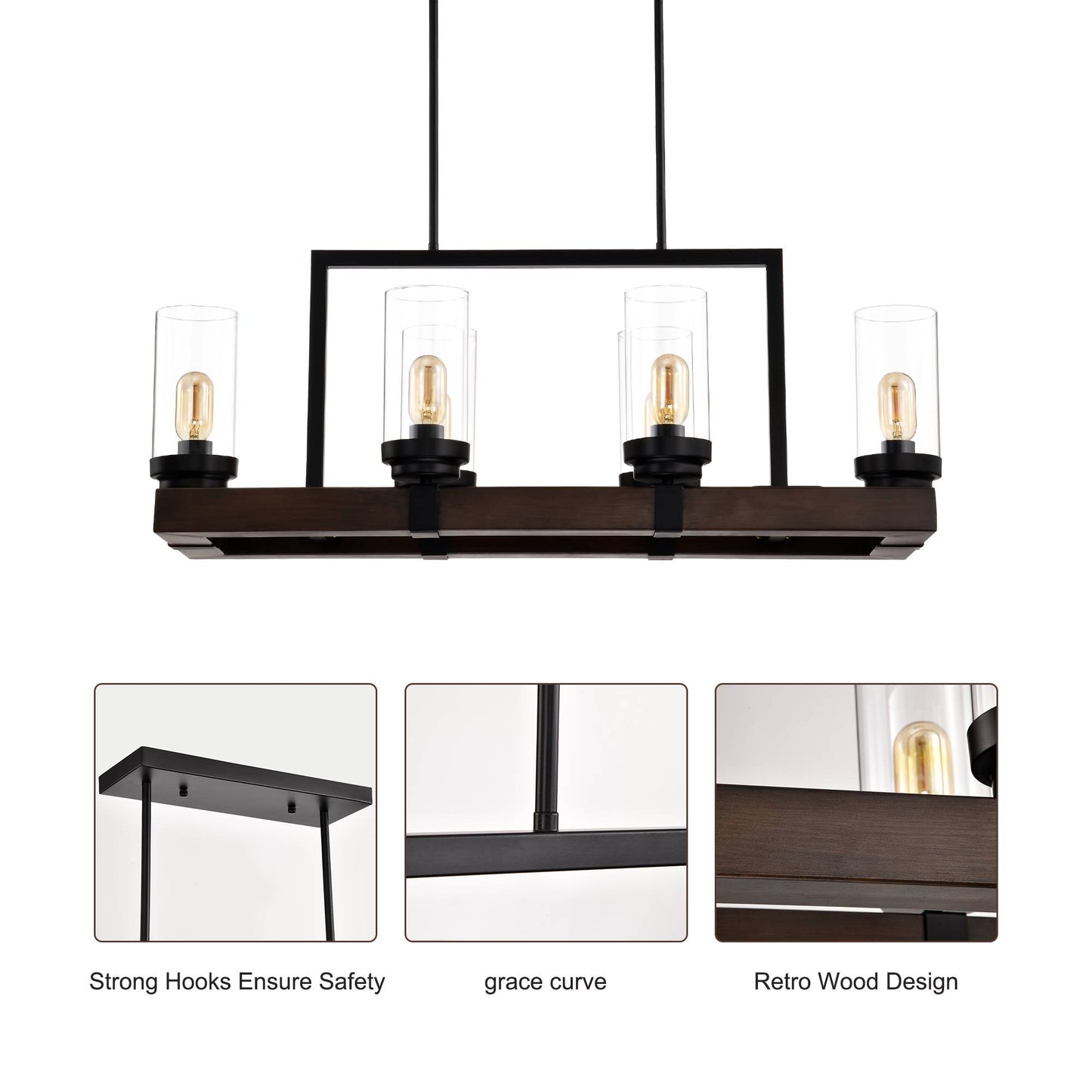 Melysen Matte Black / Wood Grain Metal Chandelier Fixture, 6 lights Ceiling Pendant light for Living Room, Bedroom, Dining Room, Adjustable Height , E26*6, W36.6*W13.5*H42.9