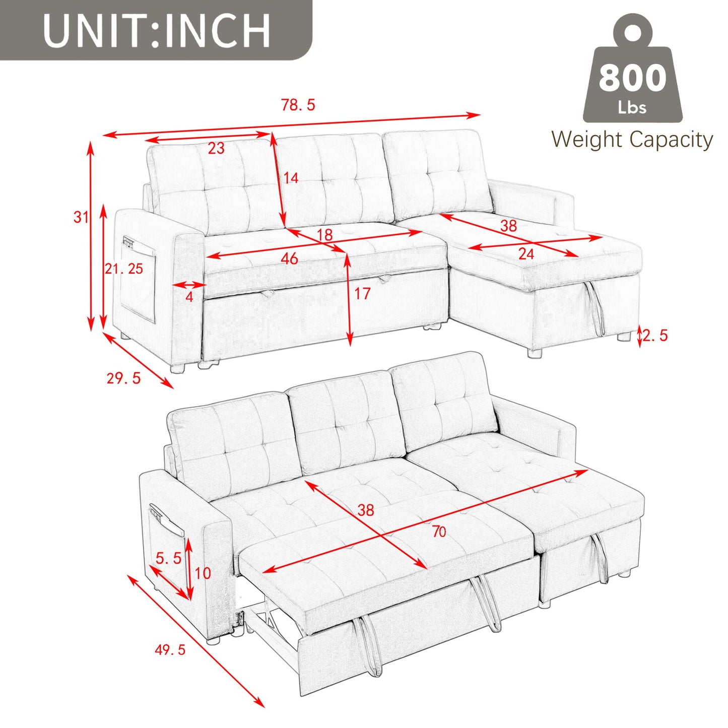 Melysen 78.5" Sleeper Sofa Bed Reversible Sectional Couch with Storage Chaise and Side storage bag for Small Space Living Room Furniture Setin