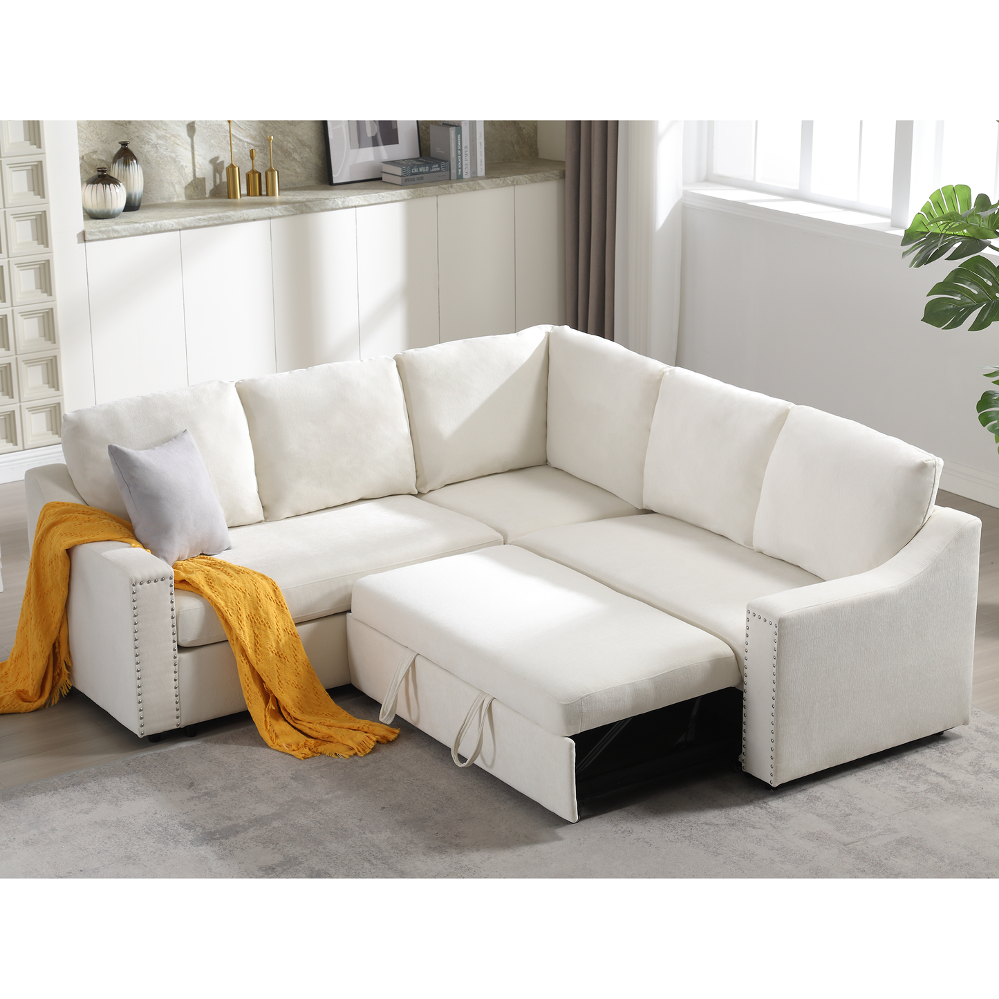 Melysen L-shaped sofa with pull-out sofa bed, Corner Sofa,comfortable living room furniture set, sleeper sofa bed,Corner seat for two with broaching sofa,Rivet DeChenille