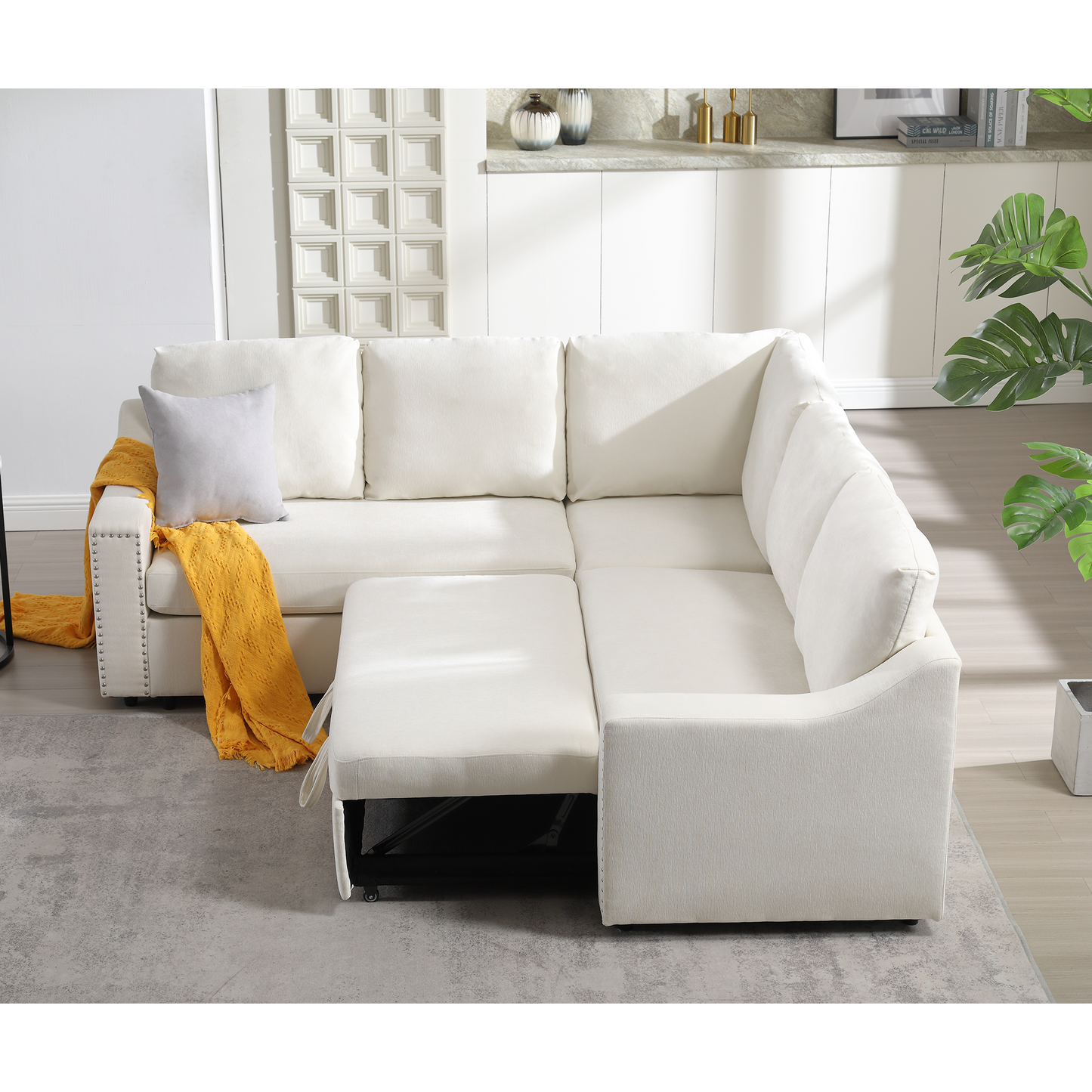 Melysen L-shaped sofa with pull-out sofa bed, Corner Sofa,comfortable living room furniture set, sleeper sofa bed,Corner seat for two with broaching sofa,Rivet DeChenille