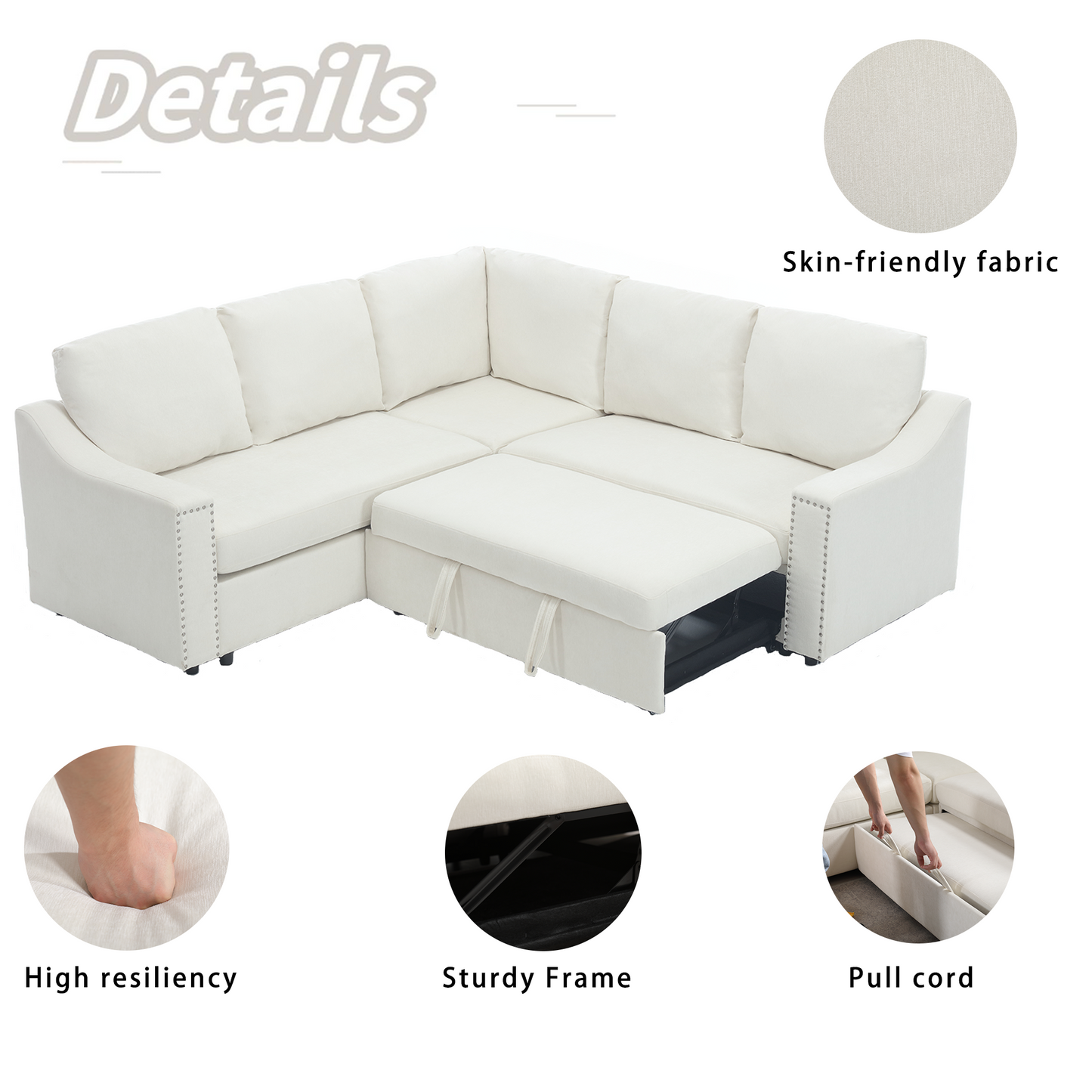 Melysen L-shaped sofa with pull-out sofa bed, Corner Sofa,comfortable living room furniture set, sleeper sofa bed,Corner seat for two with broaching sofa,Rivet DeChenille